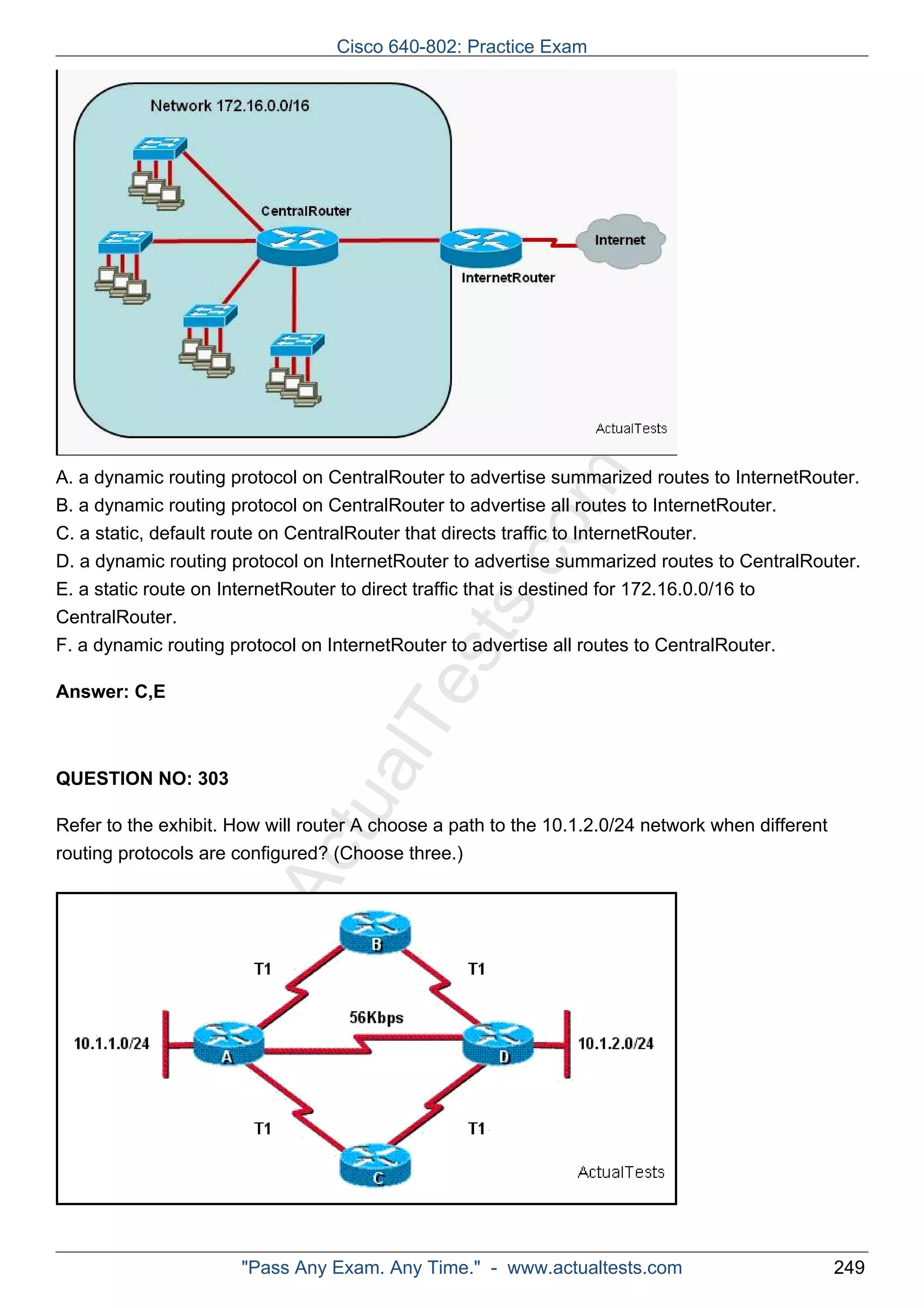 Cisco 640-802: Practice Exam 
ActualTests.comA. a dynamic routing protocol on CentralRouter to advertise summarized routes to InternetRouter. 
B. a dynamic routing protocol on CentralRouter to advertise all routes to InternetRouter. 
C. a static, default route on CentralRouter that directs traffic to InternetRouter. 
D. a dynamic routing protocol on InternetRouter to advertise summarized routes to CentralRouter. 
E. a static route on InternetRouter to direct traffic that is destined for 172.16.0.0/16 to 
CentralRouter. 
F. a dynamic routing protocol on InternetRouter to advertise all routes to CentralRouter. 
Answer: C,E 
QUESTION NO: 303 
Refer to the exhibit. How will router A choose a path to the 10.1.2.0/24 network when different 
routing protocols are configured? (Choose three.) 
"Pass Any Exam. Any Time." - www.actualtests.com 249 
 