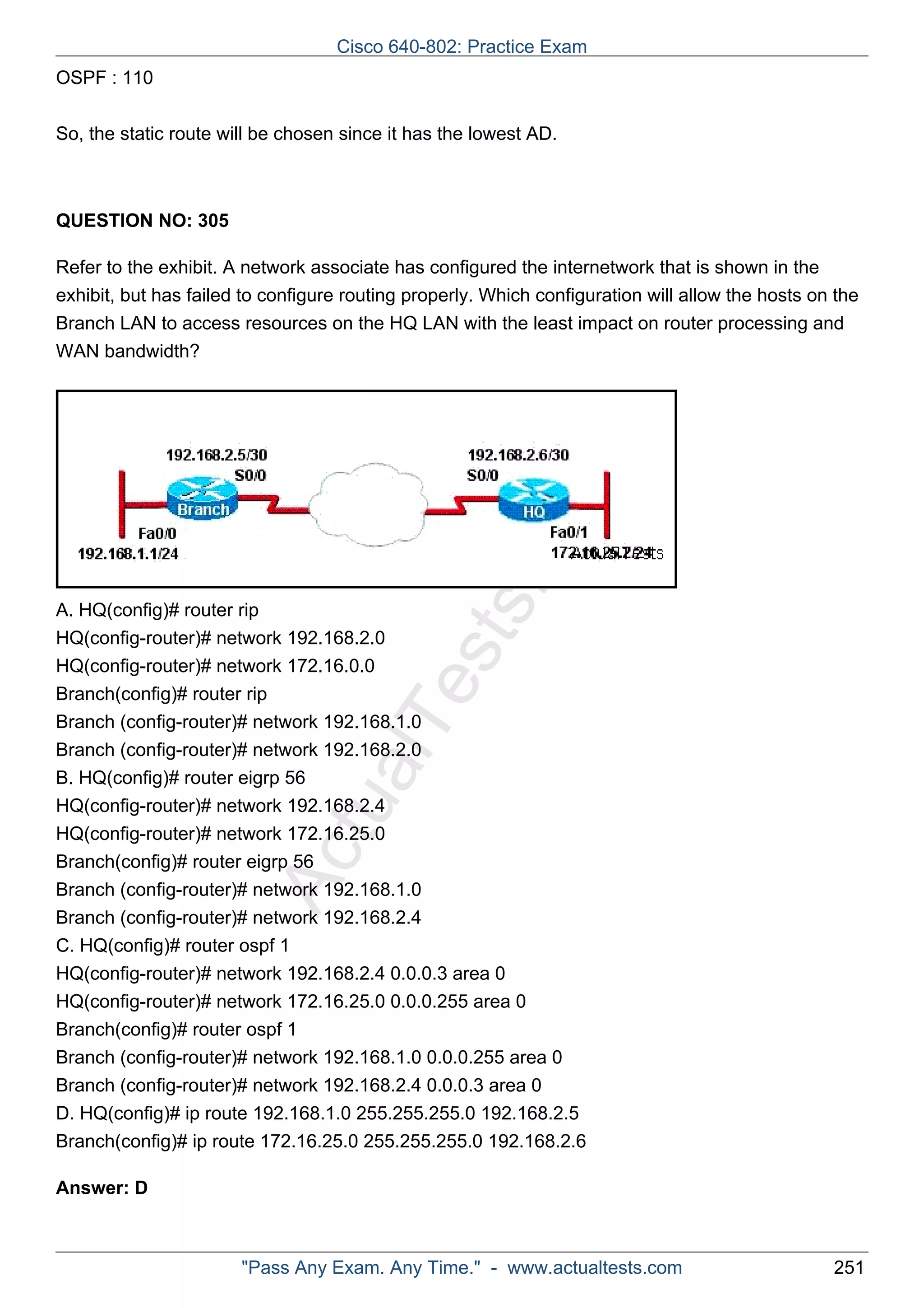 ActualTests.com 
OSPF : 110 
So, the static route will be chosen since it has the lowest AD. 
QUESTION NO: 305 
Refer to the exhibit. A network associate has configured the internetwork that is shown in the 
exhibit, but has failed to configure routing properly. Which configuration will allow the hosts on the 
Branch LAN to access resources on the HQ LAN with the least impact on router processing and 
WAN bandwidth? 
A. HQ(config)# router rip 
HQ(config-router)# network 192.168.2.0 
HQ(config-router)# network 172.16.0.0 
Branch(config)# router rip 
Branch (config-router)# network 192.168.1.0 
Branch (config-router)# network 192.168.2.0 
B. HQ(config)# router eigrp 56 
HQ(config-router)# network 192.168.2.4 
HQ(config-router)# network 172.16.25.0 
Branch(config)# router eigrp 56 
Branch (config-router)# network 192.168.1.0 
Branch (config-router)# network 192.168.2.4 
C. HQ(config)# router ospf 1 
HQ(config-router)# network 192.168.2.4 0.0.0.3 area 0 
HQ(config-router)# network 172.16.25.0 0.0.0.255 area 0 
Branch(config)# router ospf 1 
Branch (config-router)# network 192.168.1.0 0.0.0.255 area 0 
Branch (config-router)# network 192.168.2.4 0.0.0.3 area 0 
D. HQ(config)# ip route 192.168.1.0 255.255.255.0 192.168.2.5 
Branch(config)# ip route 172.16.25.0 255.255.255.0 192.168.2.6 
Answer: D 
Cisco 640-802: Practice Exam 
"Pass Any Exam. Any Time." - www.actualtests.com 251 
 