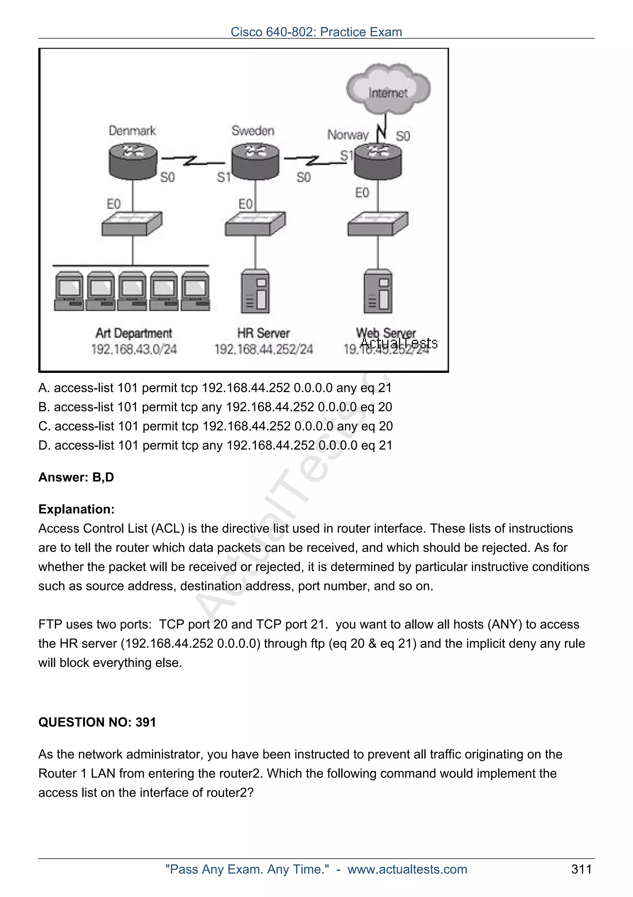 Cisco 640-802: Practice Exam 
comA. access-list 101 permit tcp 192.168.44.252 0.0.0.0 any eq 21 
B. access-list 101 permit tcp any 192.168.44.252 0.0.0.0 eq 20 
C. access-list 101 permit tcp 192.168.44.252 0.0.0.0 any eq 20 
D. access-list 101 permit tcp any 192.168.44.252 0.0.0.0 eq 21 
Answer: B,D 
ActualTests.Explanation: 
Access Control List (ACL) is the directive list used in router interface. These lists of instructions 
are to tell the router which data packets can be received, and which should be rejected. As for 
whether the packet will be received or rejected, it is determined by particular instructive conditions 
such as source address, destination address, port number, and so on. 
FTP uses two ports: TCP port 20 and TCP port 21. you want to allow all hosts (ANY) to access 
the HR server (192.168.44.252 0.0.0.0) through ftp (eq 20 & eq 21) and the implicit deny any rule 
will block everything else. 
QUESTION NO: 391 
As the network administrator, you have been instructed to prevent all traffic originating on the 
Router 1 LAN from entering the router2. Which the following command would implement the 
access list on the interface of router2? 
"Pass Any Exam. Any Time." - www.actualtests.com 311 
 