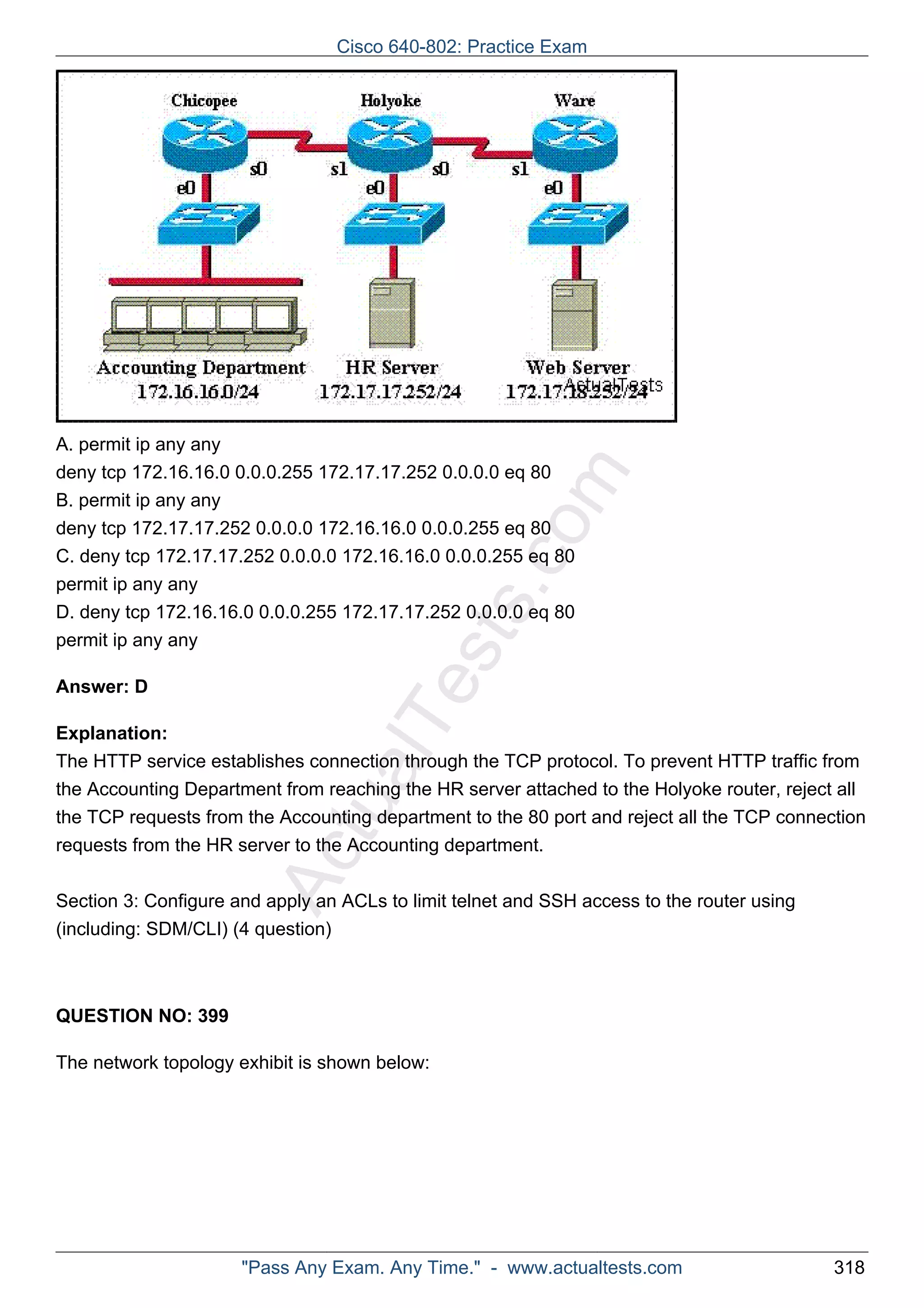 Cisco 640-802: Practice Exam 
ActualTests.com 
A. permit ip any any 
deny tcp 172.16.16.0 0.0.0.255 172.17.17.252 0.0.0.0 eq 80 
B. permit ip any any 
deny tcp 172.17.17.252 0.0.0.0 172.16.16.0 0.0.0.255 eq 80 
C. deny tcp 172.17.17.252 0.0.0.0 172.16.16.0 0.0.0.255 eq 80 
permit ip any any 
D. deny tcp 172.16.16.0 0.0.0.255 172.17.17.252 0.0.0.0 eq 80 
permit ip any any 
Answer: D 
Explanation: 
The HTTP service establishes connection through the TCP protocol. To prevent HTTP traffic from 
the Accounting Department from reaching the HR server attached to the Holyoke router, reject all 
the TCP requests from the Accounting department to the 80 port and reject all the TCP connection 
requests from the HR server to the Accounting department. 
Section 3: Configure and apply an ACLs to limit telnet and SSH access to the router using 
(including: SDM/CLI) (4 question) 
QUESTION NO: 399 
The network topology exhibit is shown below: 
"Pass Any Exam. Any Time." - www.actualtests.com 318 
 