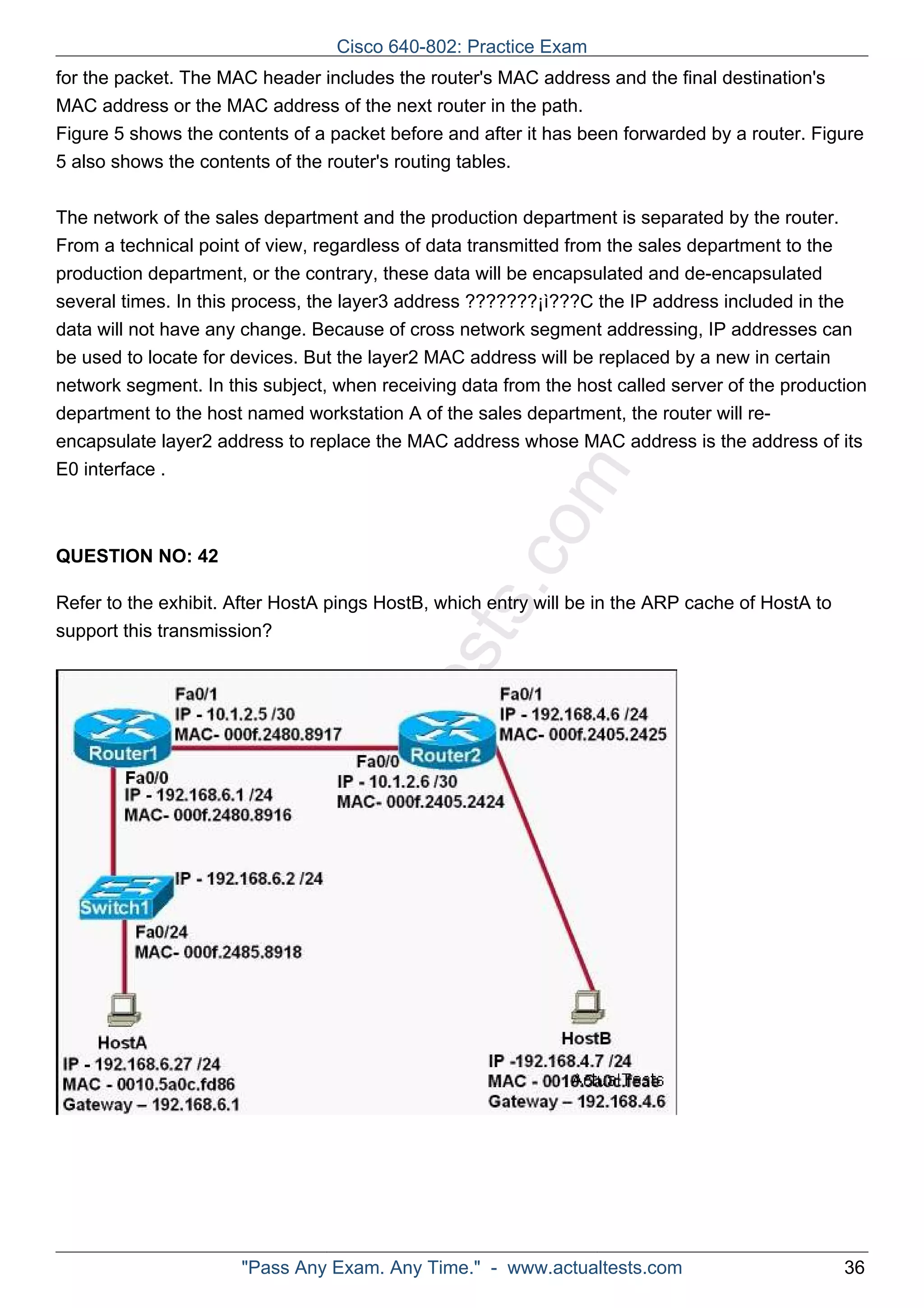 Cisco 640-802: Practice Exam 
for the packet. The MAC header includes the router's MAC address and the final destination's 
MAC address or the MAC address of the next router in the path. 
Figure 5 shows the contents of a packet before and after it has been forwarded by a router. Figure 
5 also shows the contents of the router's routing tables. 
The network of the sales department and the production department is separated by the router. 
From a technical point of view, regardless of data transmitted from the sales department to the 
production department, or the contrary, these data will be encapsulated and de-encapsulated 
several times. In this process, the layer3 address ???????¡ì???C the IP address included in the 
data will not have any change. Because of cross network segment addressing, IP addresses can 
be used to locate for devices. But the layer2 MAC address will be replaced by a new in certain 
network segment. In this subject, when receiving data from the host called server of the production 
department to the host named workstation A of the sales department, the router will re-encapsulate 
ActualTests.com 
layer2 address to replace the MAC address whose MAC address is the address of its 
E0 interface . 
QUESTION NO: 42 
Refer to the exhibit. After HostA pings HostB, which entry will be in the ARP cache of HostA to 
support this transmission? 
"Pass Any Exam. Any Time." - www.actualtests.com 36 
 