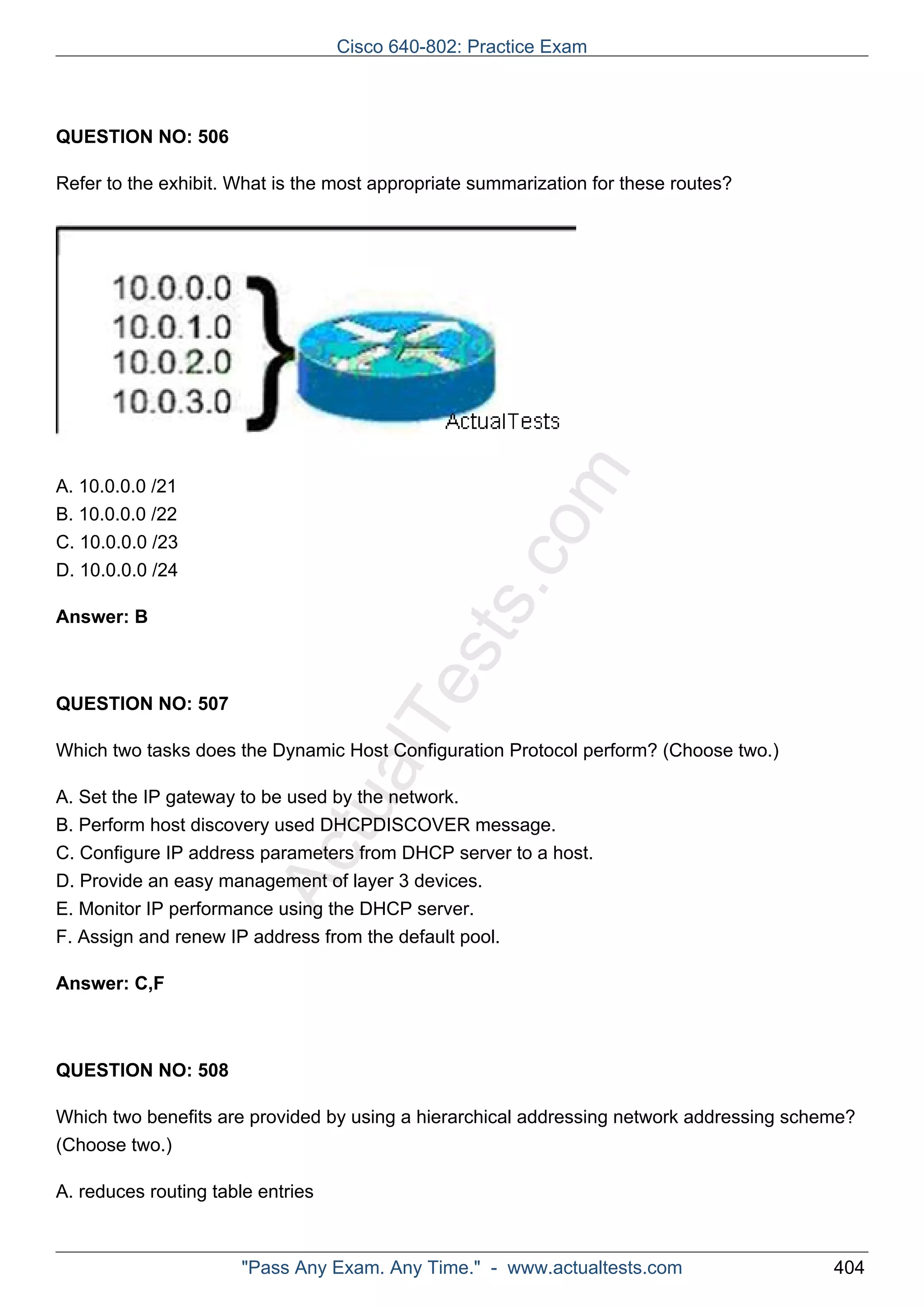 ActualTests.com 
QUESTION NO: 506 
Refer to the exhibit. What is the most appropriate summarization for these routes? 
A. 10.0.0.0 /21 
B. 10.0.0.0 /22 
C. 10.0.0.0 /23 
D. 10.0.0.0 /24 
Answer: B 
QUESTION NO: 507 
Which two tasks does the Dynamic Host Configuration Protocol perform? (Choose two.) 
A. Set the IP gateway to be used by the network. 
B. Perform host discovery used DHCPDISCOVER message. 
C. Configure IP address parameters from DHCP server to a host. 
D. Provide an easy management of layer 3 devices. 
E. Monitor IP performance using the DHCP server. 
F. Assign and renew IP address from the default pool. 
Answer: C,F 
QUESTION NO: 508 
Which two benefits are provided by using a hierarchical addressing network addressing scheme? 
(Choose two.) 
A. reduces routing table entries 
Cisco 640-802: Practice Exam 
"Pass Any Exam. Any Time." - www.actualtests.com 404 
 