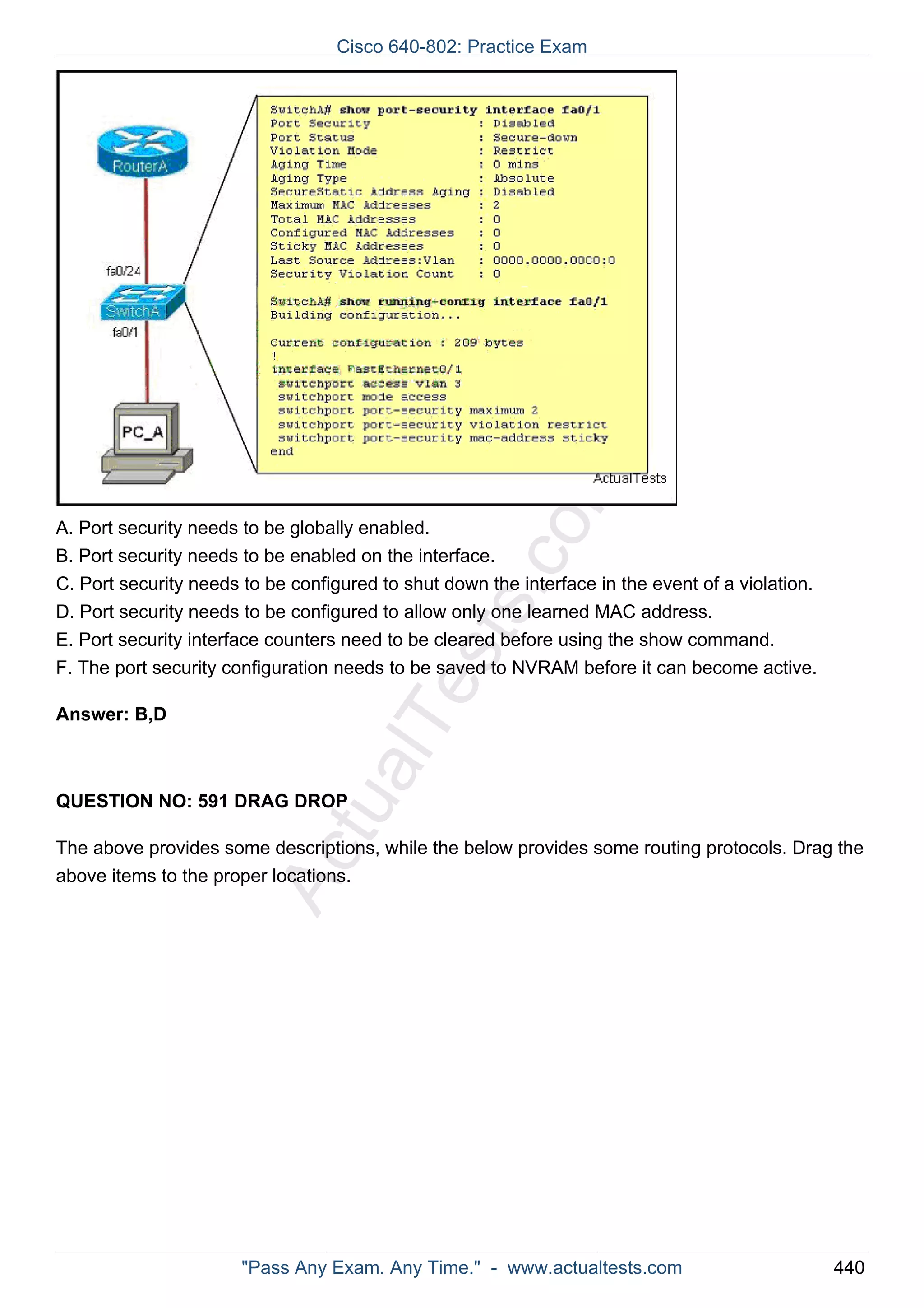 Cisco 640-802: Practice Exam 
ActualTests.com 
A. Port security needs to be globally enabled. 
B. Port security needs to be enabled on the interface. 
C. Port security needs to be configured to shut down the interface in the event of a violation. 
D. Port security needs to be configured to allow only one learned MAC address. 
E. Port security interface counters need to be cleared before using the show command. 
F. The port security configuration needs to be saved to NVRAM before it can become active. 
Answer: B,D 
QUESTION NO: 591 DRAG DROP 
The above provides some descriptions, while the below provides some routing protocols. Drag the 
above items to the proper locations. 
"Pass Any Exam. Any Time." - www.actualtests.com 440 
 