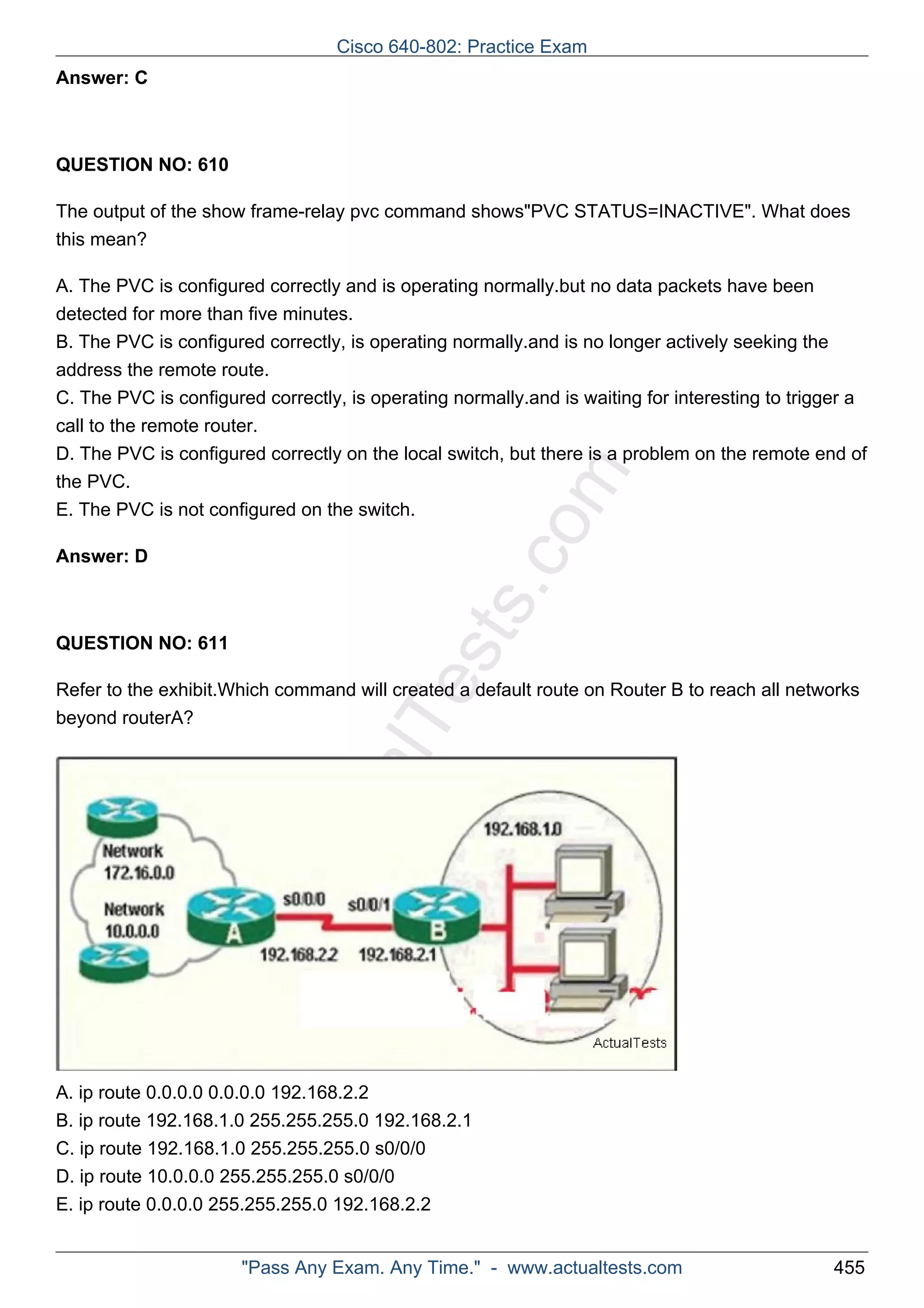 Cisco 640-802: Practice Exam 
ActualTests.com 
Answer: C 
QUESTION NO: 610 
The output of the show frame-relay pvc command shows"PVC STATUS=INACTIVE". What does 
this mean? 
A. The PVC is configured correctly and is operating normally.but no data packets have been 
detected for more than five minutes. 
B. The PVC is configured correctly, is operating normally.and is no longer actively seeking the 
address the remote route. 
C. The PVC is configured correctly, is operating normally.and is waiting for interesting to trigger a 
call to the remote router. 
D. The PVC is configured correctly on the local switch, but there is a problem on the remote end of 
the PVC. 
E. The PVC is not configured on the switch. 
Answer: D 
QUESTION NO: 611 
Refer to the exhibit.Which command will created a default route on Router B to reach all networks 
beyond routerA? 
A. ip route 0.0.0.0 0.0.0.0 192.168.2.2 
B. ip route 192.168.1.0 255.255.255.0 192.168.2.1 
C. ip route 192.168.1.0 255.255.255.0 s0/0/0 
D. ip route 10.0.0.0 255.255.255.0 s0/0/0 
E. ip route 0.0.0.0 255.255.255.0 192.168.2.2 
"Pass Any Exam. Any Time." - www.actualtests.com 455 
 