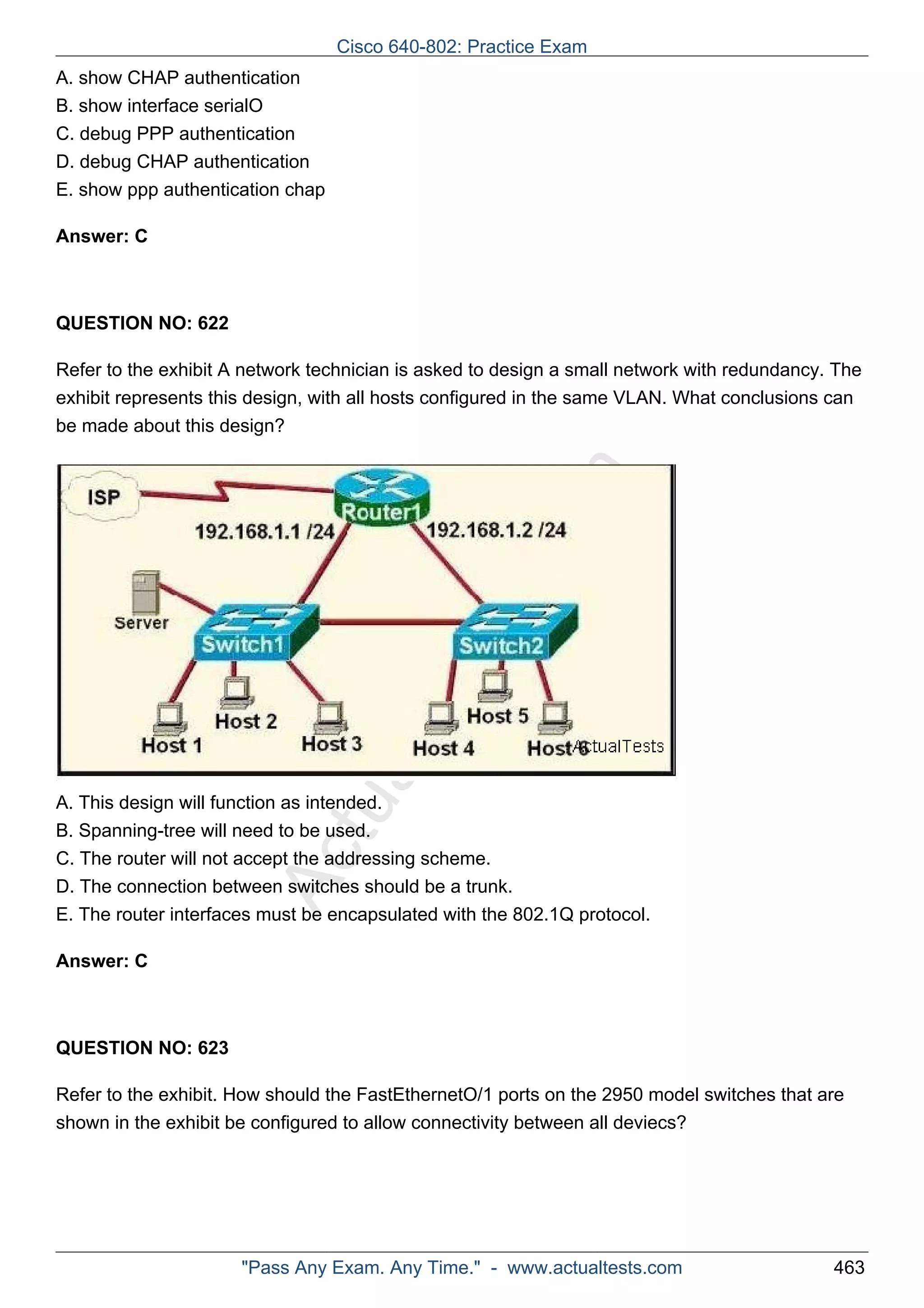 A. show CHAP authentication 
B. show interface serialO 
C. debug PPP authentication 
D. debug CHAP authentication 
E. show ppp authentication chap 
Cisco 640-802: Practice Exam 
ActualTests.com 
Answer: C 
QUESTION NO: 622 
Refer to the exhibit A network technician is asked to design a small network with redundancy. The 
exhibit represents this design, with all hosts configured in the same VLAN. What conclusions can 
be made about this design? 
A. This design will function as intended. 
B. Spanning-tree will need to be used. 
C. The router will not accept the addressing scheme. 
D. The connection between switches should be a trunk. 
E. The router interfaces must be encapsulated with the 802.1Q protocol. 
Answer: C 
QUESTION NO: 623 
Refer to the exhibit. How should the FastEthernetO/1 ports on the 2950 model switches that are 
shown in the exhibit be configured to allow connectivity between all deviecs? 
"Pass Any Exam. Any Time." - www.actualtests.com 463 
 