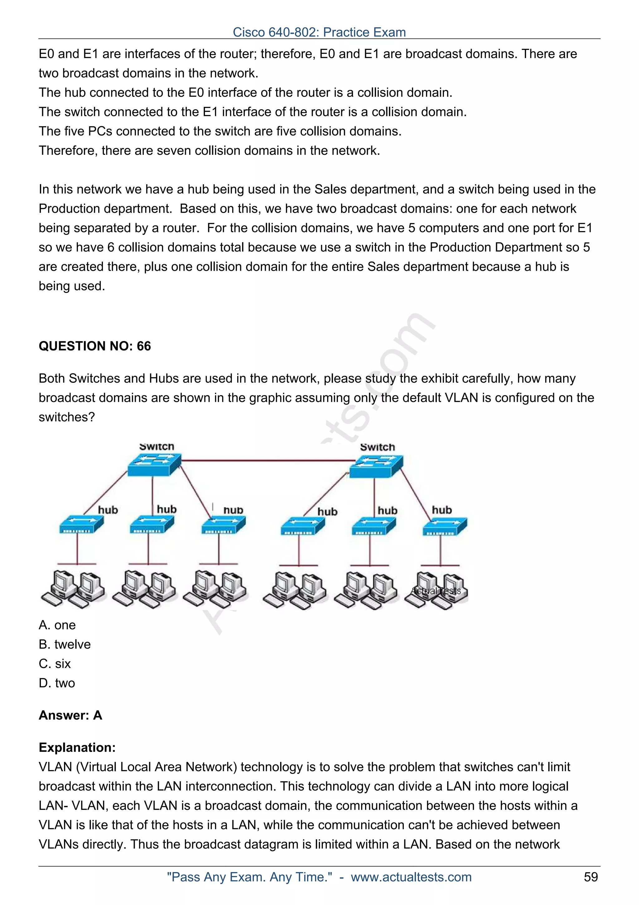 Cisco 640-802: Practice Exam 
E0 and E1 are interfaces of the router; therefore, E0 and E1 are broadcast domains. There are 
two broadcast domains in the network. 
The hub connected to the E0 interface of the router is a collision domain. 
The switch connected to the E1 interface of the router is a collision domain. 
The five PCs connected to the switch are five collision domains. 
Therefore, there are seven collision domains in the network. 
In this network we have a hub being used in the Sales department, and a switch being used in the 
Production department. Based on this, we have two broadcast domains: one for each network 
being separated by a router. For the collision domains, we have 5 computers and one port for E1 
so we have 6 collision domains total because we use a switch in the Production Department so 5 
are created there, plus one collision domain for the entire Sales department because a hub is 
being used. 
ActualTests.com 
QUESTION NO: 66 
Both Switches and Hubs are used in the network, please study the exhibit carefully, how many 
broadcast domains are shown in the graphic assuming only the default VLAN is configured on the 
switches? 
A. one 
B. twelve 
C. six 
D. two 
Answer: A 
Explanation: 
VLAN (Virtual Local Area Network) technology is to solve the problem that switches can't limit 
broadcast within the LAN interconnection. This technology can divide a LAN into more logical 
LAN- VLAN, each VLAN is a broadcast domain, the communication between the hosts within a 
VLAN is like that of the hosts in a LAN, while the communication can't be achieved between 
VLANs directly. Thus the broadcast datagram is limited within a LAN. Based on the network 
"Pass Any Exam. Any Time." - www.actualtests.com 59 
 