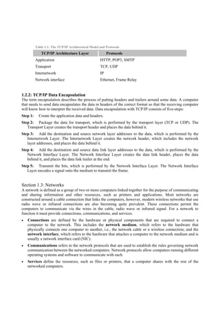 Table 1.1: The TCP/IP Architectural Model and Protocols
             TCP/IP Architecture Layer                   Protocols
          Application                               HTTP, POP3, SMTP
          Transport                                 TCP, UDP
          Internetwork                              IP
          Network interface                         Ethernet, Frame Relay


1.2.2: TCP/IP Data Encapsulation
The term encapsulation describes the process of putting headers and trailers around some data. A computer
that needs to send data encapsulates the data in headers of the correct format so that the receiving computer
will know how to interpret the received data. Data encapsulation with TCP/IP consists of five-steps:
Step 1:     Create the application data and headers.
Step 2: Package the data for transport, which is performed by the transport layer (TCP or UDP). The
   Transport Layer creates the transport header and places the data behind it.
Step 3: Add the destination and source network layer addresses to the data, which is performed by the
   Internetwork Layer. The Internetwork Layer creates the network header, which includes the network
   layer addresses, and places the data behind it.
Step 4: Add the destination and source data link layer addresses to the data, which is performed by the
   Network Interface Layer. The Network Interface Layer creates the data link header, places the data
   behind it, and places the data link trailer at the end.
Step 5: Transmit the bits, which is performed by the Network Interface Layer. The Network Interface
   Layer encodes a signal onto the medium to transmit the frame.


Section 1.3: Networks
A network is defined as a group of two or more computers linked together for the purpose of communicating
and sharing information and other resources, such as printers and applications. Most networks are
constructed around a cable connection that links the computers, however, modern wireless networks that use
radio wave or infrared connections are also becoming quite prevalent. These connections permit the
computers to communicate via the wires in the cable, radio wave or infrared signal. For a network to
function it must provide connections, communications, and services.
   Connections are defined by the hardware or physical components that are required to connect a
   computer to the network. This includes the network medium, which refers to the hardware that
   physically connects one computer to another, i.e., the network cable or a wireless connection; and the
   network interface, which refers to the hardware that attaches a computer to the network medium and is
   usually a network interface card (NIC).
   Communications refers to the network protocols that are used to establish the rules governing network
   communication between the networked computers. Network protocols allow computers running different
   operating systems and software to communicate with each.
   Services define the resources, such as files or printers, that a computer shares with the rest of the
   networked computers.
 