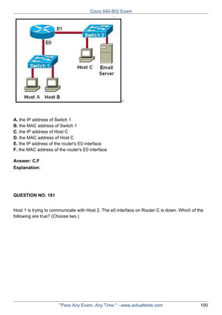 Cisco 640-802 Exam

A. the IP address of Switch 1
B. the MAC address of Switch 1
C. the IP address of Host C
D. the MAC address of Host C
E. the IP address of the router's E0 interface
F. the MAC address of the router's E0 interface
Answer: C,F
Explanation:

QUESTION NO: 181
Host 1 is trying to communicate with Host 2. The e0 interface on Router C is down. Which of the
following are true? (Choose two.)

"Pass Any Exam. Any Time." - www.actualtests.com

100

 