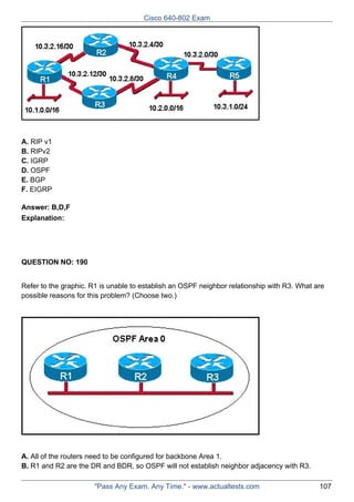 Cisco 640-802 Exam

A. RIP v1
B. RIPv2
C. IGRP
D. OSPF
E. BGP
F. EIGRP
Answer: B,D,F
Explanation:

QUESTION NO: 190
Refer to the graphic. R1 is unable to establish an OSPF neighbor relationship with R3. What are
possible reasons for this problem? (Choose two.)

A. All of the routers need to be configured for backbone Area 1.
B. R1 and R2 are the DR and BDR, so OSPF will not establish neighbor adjacency with R3.
"Pass Any Exam. Any Time." - www.actualtests.com

107

 