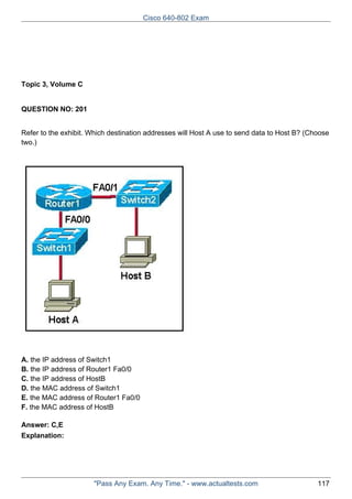 Cisco 640-802 Exam

Topic 3, Volume C

QUESTION NO: 201
Refer to the exhibit. Which destination addresses will Host A use to send data to Host B? (Choose
two.)

A. the IP address of Switch1
B. the IP address of Router1 Fa0/0
C. the IP address of HostB
D. the MAC address of Switch1
E. the MAC address of Router1 Fa0/0
F. the MAC address of HostB
Answer: C,E
Explanation:

"Pass Any Exam. Any Time." - www.actualtests.com

117

 