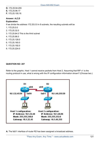 Cisco 640-802 Exam
D. 172.25.94.255
E. 172.25.96.17
F. 172.25.100.16
Answer: A,C,D
Explanation:
If we divide the address 172.25.0.0 in 8 subnets, the resulting subnets will be
1. 172.25.0.0
2. 172.25.32.0
3. 172.25.64.0 This is the third subnet
4. 172.25.96.0
5. 172.25.128.0
6. 172.25.160.0
7. 172.25.192.0
8. 172.25.224.0

QUESTION NO: 207
Refer to the graphic. Host 1 cannot receive packets from Host 2. Assuming that RIP v1 is the
routing protocol in use, what is wrong with the IP configuration information shown? (Choose two.)

A. The fa0/1 interface of router R2 has been assigned a broadcast address.
"Pass Any Exam. Any Time." - www.actualtests.com

121

 