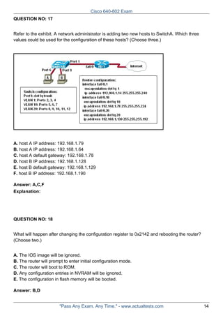 Cisco 640-802 Exam
QUESTION NO: 17
Refer to the exhibit. A network administrator is adding two new hosts to SwitchA. Which three
values could be used for the configuration of these hosts? (Choose three.)

A. host A IP address: 192.168.1.79
B. host A IP address: 192.168.1.64
C. host A default gateway: 192.168.1.78
D. host B IP address: 192.168.1.128
E. host B default gateway: 192.168.1.129
F. host B IP address: 192.168.1.190
Answer: A,C,F
Explanation:

QUESTION NO: 18
What will happen after changing the configuration register to 0x2142 and rebooting the router?
(Choose two.)
A. The IOS image will be ignored.
B. The router will prompt to enter initial configuration mode.
C. The router will boot to ROM.
D. Any configuration entries in NVRAM will be ignored.
E. The configuration in flash memory will be booted.
Answer: B,D

"Pass Any Exam. Any Time." - www.actualtests.com

14

 