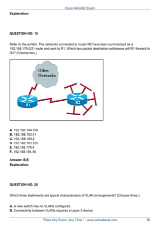 Cisco 640-802 Exam
Explanation:

QUESTION NO: 19
Refer to the exhibit. The networks connected to router R2 have been summarized as a
192.168.176.0/21 route and sent to R1. Which two packet destination addresses will R1 forward to
R2? (Choose two.)

A. 192.168.194.160
B. 192.168.183.41
C. 192.168.159.2
D. 192.168.183.255
E. 192.168.179.4
F. 192.168.184.45
Answer: B,E
Explanation:

QUESTION NO: 20
Which three statements are typical characteristics of VLAN arrangements? (Choose three.)
A. A new switch has no VLANs configured.
B. Connectivity between VLANs requires a Layer 3 device.
"Pass Any Exam. Any Time." - www.actualtests.com

15

 