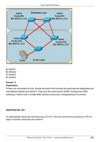 Cisco 640-802 Exam

A. Switch1
B. SWitch2
C. Switch3
D. Switch4
Answer: C
Explanation:
Printers are connected by hubs. Decide the switch that provides the spanning-tree designated port
role between Switch3 and Switch4. They have the same priority 32768. Compare their MAC
addresses. Switch3 with a smaller MAC address will provide a designated port for printers.

QUESTION NO: 261
An administrator issues the command ping 127.0.0.1 from the command line prompt on a PC.If a
reply is received, what does this confirm?

"Pass Any Exam. Any Time." - www.actualtests.com

160

 