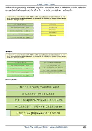 Cisco 640-802 Exam
and Install only one entry into the routing table. Indicate the order of preference that the router will
use by dragging the routes on the left to the -- of preference category on the right.

Answer:

Explanation:

"Pass Any Exam. Any Time." - www.actualtests.com

207

 