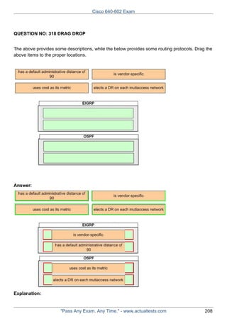 Cisco 640-802 Exam

QUESTION NO: 318 DRAG DROP
The above provides some descriptions, while the below provides some routing protocols. Drag the
above items to the proper locations.

Answer:

Explanation:

"Pass Any Exam. Any Time." - www.actualtests.com

208

 