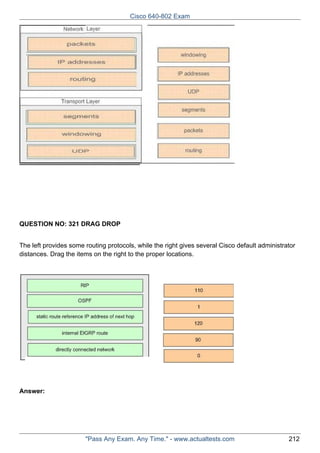 Cisco 640-802 Exam

QUESTION NO: 321 DRAG DROP
The left provides some routing protocols, while the right gives several Cisco default administrator
distances. Drag the items on the right to the proper locations.

Answer:

"Pass Any Exam. Any Time." - www.actualtests.com

212

 