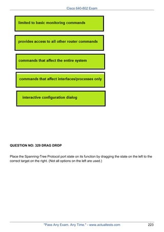 Cisco 640-802 Exam

QUESTION NO: 329 DRAG DROP
Place the Spanning-Tree Protocol port state on its function by dragging the state on the left to the
correct target on the right. (Not all options on the left are used.)

"Pass Any Exam. Any Time." - www.actualtests.com

223

 
