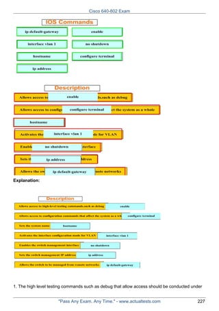 Cisco 640-802 Exam

Explanation:

1. The high level testing commands such as debug that allow access should be conducted under
"Pass Any Exam. Any Time." - www.actualtests.com

227

 