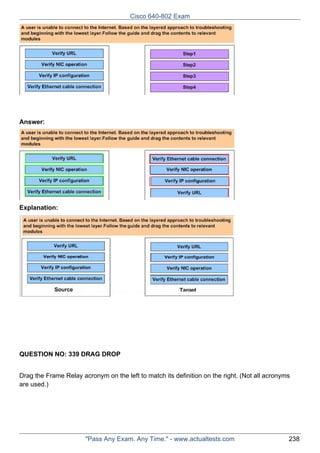 Cisco 640-802 Exam

Answer:

Explanation:

QUESTION NO: 339 DRAG DROP
Drag the Frame Relay acronym on the left to match its definition on the right. (Not all acronyms
are used.)

"Pass Any Exam. Any Time." - www.actualtests.com

238

 