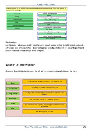 Cisco 640-802 Exam

Explanation:
point to point - advantage quality point to point - disadvantage limited flexibility circuit switched advantage cost circuit switched - disadvantage low speed packet switched - advantage efficient
packet switched - disadvantage more complex

QUESTION NO: 342 DRAG DROP
Drag and drop. Match the items on the left with its corresponding definition on the right.

"Pass Any Exam. Any Time." - www.actualtests.com

242

 