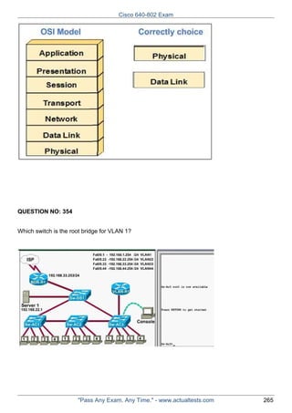 Cisco 640-802 Exam

QUESTION NO: 354
Which switch is the root bridge for VLAN 1?

"Pass Any Exam. Any Time." - www.actualtests.com

265

 