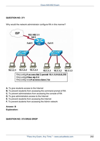 Cisco 640-802 Exam

QUESTION NO: 371
Why would the network administrator configure RA in this manner?

A. To give students access to the Internet
B. To prevent students from accessing the command prompt of RA
C. To prevent administrators from accessing the console of RA
D. To give administrators access to the Internet
E. To prevent students from accessing the Internet
F. To prevent students from accessing the Admin network
Answer: B
Explanation:

QUESTION NO: 372 DRAG DROP

"Pass Any Exam. Any Time." - www.actualtests.com

292

 
