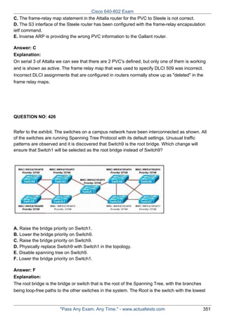 Cisco 640-802 Exam
C. The frame-relay map statement in the Attalla router for the PVC to Steele is not correct.
D. The S3 interface of the Steele router has been configured with the frame-relay encapsulation
ietf command.
E. Inverse ARP is providing the wrong PVC information to the Gallant router.
Answer: C
Explanation:
On serial 3 of Attalla we can see that there are 2 PVC's defined, but only one of them is working
and is shown as active. The frame relay map that was used to specify DLCI 509 was incorrect.
Incorrect DLCI assignments that are configured in routers normally show up as "deleted" in the
frame relay maps.

QUESTION NO: 426
Refer to the exhibit. The switches on a campus network have been interconnected as shown. All
of the switches are running Spanning Tree Protocol with its default settings. Unusual traffic
patterns are observed and it is discovered that Switch9 is the root bridge. Which change will
ensure that Switch1 will be selected as the root bridge instead of Switch9?

A. Raise the bridge priority on Switch1.
B. Lower the bridge priority on Switch9.
C. Raise the bridge priority on Switch9.
D. Physically replace Switch9 with Switch1 in the topology.
E. Disable spanning tree on Switch9.
F. Lower the bridge priority on Switch1.
Answer: F
Explanation:
The root bridge is the bridge or switch that is the root of the Spanning Tree, with the branches
being loop-free paths to the other switches in the system. The Root is the switch with the lowest

"Pass Any Exam. Any Time." - www.actualtests.com

351

 