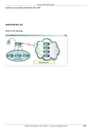 Cisco 640-802 Exam
button to successfully submit the ACL SIM.

QUESTION NO: 433
Refer to the topology.

"Pass Any Exam. Any Time." - www.actualtests.com

360

 