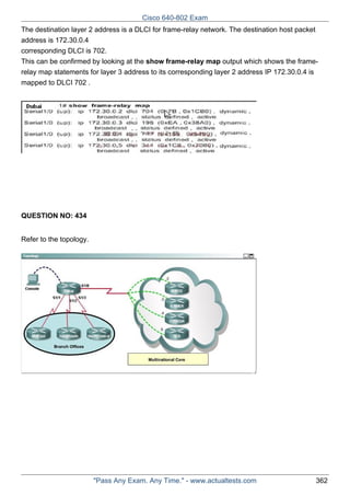 Cisco 640-802 Exam
The destination layer 2 address is a DLCI for frame-relay network. The destination host packet
address is 172.30.0.4
corresponding DLCI is 702.
This can be confirmed by looking at the show frame-relay map output which shows the framerelay map statements for layer 3 address to its corresponding layer 2 address IP 172.30.0.4 is
mapped to DLCI 702 .

QUESTION NO: 434
Refer to the topology.

"Pass Any Exam. Any Time." - www.actualtests.com

362

 