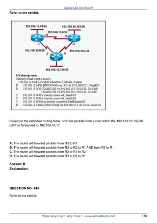 Cisco 640-802 Exam
Refer to the exhibit.

Based on the exhibited routing table, how will packets from a host within the 192.168.10.192/26
LAN be forwarded to 192.168.10.1?

A. The router will forward packets from R3 to R1.
B. The router will forward packets from R3 to R2 to R1 AND from R3 to R1.
C. The router will forward packets from R3 to R1 to R2.
D. The router will forward packets from R3 to R2 to R1.
Answer: B
Explanation:

QUESTION NO: 443
Refer to the exhibit.

"Pass Any Exam. Any Time." - www.actualtests.com

370

 