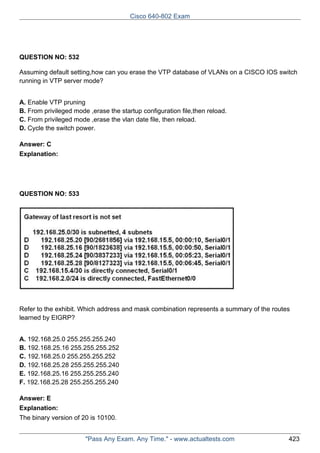 Cisco 640-802 Exam

QUESTION NO: 532
Assuming default setting,how can you erase the VTP database of VLANs on a CISCO IOS switch
running in VTP server mode?
A. Enable VTP pruning
B. From privileged mode ,erase the startup configuration file,then reload.
C. From privileged mode ,erase the vlan date file, then reload.
D. Cycle the switch power.
Answer: C
Explanation:

QUESTION NO: 533

Refer to the exhibit. Which address and mask combination represents a summary of the routes
learned by EIGRP?
A. 192.168.25.0 255.255.255.240
B. 192.168.25.16 255.255.255.252
C. 192.168.25.0 255.255.255.252
D. 192.168.25.28 255.255.255.240
E. 192.168.25.16 255.255.255.240
F. 192.168.25.28 255.255.255.240
Answer: E
Explanation:
The binary version of 20 is 10100.
"Pass Any Exam. Any Time." - www.actualtests.com

423

 