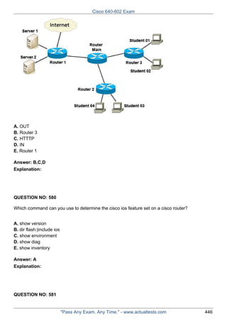 Cisco 640-802 Exam

A. OUT
B. Router 3
C. HTTTP
D. IN
E. Router 1
Answer: B,C,D
Explanation:

QUESTION NO: 580
Which command can you use to determine the cisco ios feature set on a cisco router?
A. show version
B. dir flash:|include ios
C. show environment
D. show diag
E. show inventory
Answer: A
Explanation:

QUESTION NO: 581

"Pass Any Exam. Any Time." - www.actualtests.com

446

 