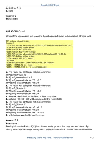 Cisco 640-802 Exam
C. IS-IS for IPv6
D. static
Answer: C
Explanation:

QUESTION NO: 592
Which of the following are true regarding the debug output shown in the graphic? (Choose two)

A. This router was configured with the commands:
RtrA(config)#router rip
RtrA(config-router)#version 2
RtrA(config-router)#network 172.16.0.0
RtrA(config-router)#network 10.0.0.0
B. This router was configured with the commands:
RtrA(config)#router rip
RtrA(config-router)#network 172.16.0.0
RtrA(config-router)#network 10.0.0.0
C. Network 10.0.0.0 will be displayed in the routing table.
D. Network 192.168.168.0 will be displayed in the routing table.
E. This router was configured with the commands:
RtrA(config)#router rip
RtrA(config-router)#network 192.168.1.0
RtrA(config-router)#network 10.0.0.0
RtrA(config-router)#network 192.168.168.0
F. split-horizon was disabled on this router.
Answer: B,C
Explanation:
Routing Information Protocol (rip) is a distance vector protocol that uses hop as a metric. Rip
routing metric: rip uses single routing metric (hops) to measure the distance from source network

"Pass Any Exam. Any Time." - www.actualtests.com

452

 