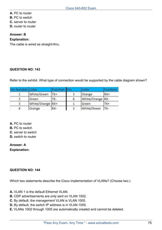 Cisco 640-802 Exam
A. PC to router
B. PC to switch
C. server to router
D. router to router
Answer: B
Explanation:
The cable is wired as straight-thru.

QUESTION NO: 143
Refer to the exhibit. What type of connection would be supported by the cable diagram shown?

A. PC to router
B. PC to switch
C. server to switch
D. switch to router
Answer: A
Explanation:

QUESTION NO: 144
Which two statements describe the Cisco implementation of VLANs? (Choose two.)
A. VLAN 1 is the default Ethernet VLAN.
B. CDP advertisements are only sent on VLAN 1002.
C. By default, the management VLAN is VLAN 1005.
D. By default, the switch IP address is in VLAN 1005.
E. VLANs 1002 through 1005 are automatically created and cannot be deleted.

"Pass Any Exam. Any Time." - www.actualtests.com

75

 