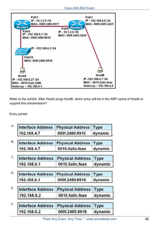 Cisco 640-802 Exam

Refer to the exhibit. After HostA pings HostB, which entry will be in the ARP cache of HostA to
support this transmission?
Entry exhibit

"Pass Any Exam. Any Time." - www.actualtests.com

86

 