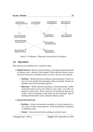 Pajek– Manual                                                                       33


   Michael/Zrieva/       Junius/Georgio/       Nicola/Ragnina/    Marinus/Zrieva/
   Francischa/Georgio/   Anucla/Zrieva/        Nicoleta/Zrieva/   Maria/Ragnina/




                                           Junius/Zrieva/         Lorenzo/Ragnina/
 Damianus/Georgio/                         Margarita/Bona/
 Legnussa/Babalio/                                                Slavussa/Mence/

  Nicolinus/Gondola/
  Franussa/Bona/                           Sarachin/Bona/
                                           Nicoletta/Gondola/



  Marin/Gondola/                           Marinus/Bona/
  Magdalena/Grede/                         Phylippa/Mence/


          Figure 11: Fragments – Marriages among relatives in Ragusa

3.4   Operations
One network and something else is needed as input.

   • Shrink Network - Before starting shrinking, select appropriate blockmodel
     in Options menu. Default is just number of lines between shrunk vertices
     that must be present in original network, to cause a line in a new network.

         – Partition – Shrink network according to selected partition. Vertices in
           class 0 are (by default) left unchanged, others are shrunk. Results are
           shrunken network and shrunken partition.
         – Hierarchy – Shrink network according to selected hierarchy. Nodes
           in hierarchy that are Closed are shrunk to new vertex. Cut nodes are
           shrunk to virtual vertex. Border nodes are not shrunk, but they are not
           visible. Vertices belonging to other nodes are left unchanged. Type of
           shrinking (blockmodel) can be selected in Options menu.

   • Extract from Network

         – Partition – Extract sub-network according to selected partition (ex-
           tract range of classes from partition). Extracted partition is produced
           as additional result.
         – Cluster – Extract sub-network according to selected cluster.

V. Batagelj and A. Mrvar                        Pajek 2.00 / September 26, 2010
 