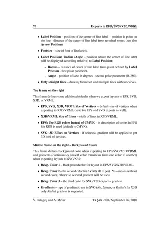 70                                               Exports to EPS/SVG/X3D/VRML


     • Label Position – position of the center of line label – position is point on
       the line - distance of the center of line label from terminal vertex (see also
       Arrow Position)
     • Fontsize – size of font of line labels.
     • Label Position: Radius /Angle – position where the center of line label
       will be displayed according (relative) to Label Position:
          – Radius – distance of center of line label from point deﬁned by Label
            Position - ﬁrst polar parameter.
          – Angle – position of label in degrees - second polar parameter (0..360).
     • Only straight lines – drawing bidireced and multiple lines without curves.

Top frame on the right
This frame deﬁnes some additional defaults when we export layouts to EPS, SVG,
X3D, or VRML:
     • EPS, SVG, X3D, VRML Size of Vertices – default size of vertices when
       exporting to X3D/VRML (valid for EPS and SVG exports as well).
     • X3D/VRML Size of Lines – width of lines in X3D/VRML.
     • EPS: Use RGB colors instead of CMYK – in description of colors in EPS
       ﬁle RGB is used (default is CMYK).
     • SVG: 3D Effect on Vertices – if selected, gradient will be applied to get
       3D look of vertices.

Middle frame on the right – Background Colors
This frame deﬁnes background color when exporting to EPS/SVG/X3D/VRML
and gradients (continuously smooth color transitions from one color to another)
when exporting layouts to SVG/X3D:
     • Bckg. Color 1 – Background color for layout in EPS/SVG/X3D/VRML.
     • Bckg. Color 2 – the second color for SVG/X3D export. No – means without
       second color, otherwise selected gradient will be used.
     • Bckg. Color 3 – the third color for SVG/X3D export – gradient.
     • Gradients – type of gradient to use in SVG (No, Linear, or Radial). In X3D
       only Radial gradient is supported.

V. Batagelj and A. Mrvar                         Pajek 2.00 / September 26, 2010
 