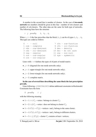 84                                                              Blockmodeling in Pajek


   A number in the second line is number of clusters. In the case of two-mode
network two numbers should be given in this line – number of row-clusters and
number of col-clusters. The other data are the same for both type of networks.
The following lines have the structure

         i    j    penalty       t1   t2 . . . tk

When i, j > 0 the line prescribes that the block (i, j) can be of types t1 , t2 . . . tk .
The types are coded as follows

     0        -    -   null                          7    rfn   -   row-function
     1       com   -   complete                      8    cfn   -   col-function
     2       rdo   -   row-dominant                  9    den   -   density
     3       cdo   -   col-dominant                 10    dnc   -   do not care
     4       reg   -   regular                      11    one   -   non-null
     5       rre   -   row-regular                  12    sym   -   symmetric
     6       cre   -   col-regular

     Lines with i = 0 deﬁnes the types of of parts of model matrix:

     • j = 0: diagonal (for one-mode networks only);

     • j = 1: upper triangle (for one-mode networks only);

     • j = 2: lower triangle (for one-mode networks only);

     • j = 3: complete matrix.

   In the case of several lines describing the same block the last prescription
prevails.
   Lines following *CONSTRAINTS deﬁne additional constraints in blockmodel.
Constraints have the form

         k    penalty        i   j

with the following meaning

     • k = 1: i ∈ Cj – vertex i belongs to cluster Cj ;

     • k = 2: i ∈ Cj – vertex i does not belong to cluster Cj ;
                /

     • k = 3: C(i) = C(j) – vertices i and j belong to the same cluster;

     • k = 4: C(i) = C(j) – vertices i and j belong to different clusters;

     • k = 5: i ≤ |C(j)| – cluster Cj contains at least i vertices;

V. Batagelj and A. Mrvar                                 Pajek 2.00 / September 26, 2010
 