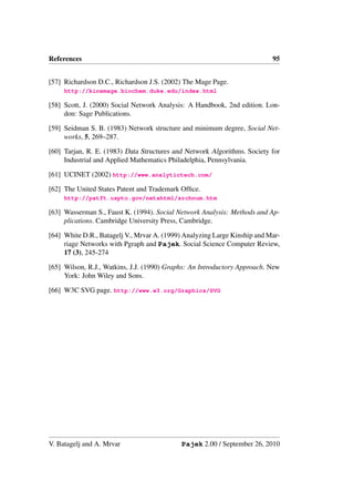 References                                                                 95


[57] Richardson D.C., Richardson J.S. (2002) The Mage Page.
     http://kinemage.biochem.duke.edu/index.html

[58] Scott, J. (2000) Social Network Analysis: A Handbook, 2nd edition. Lon-
     don: Sage Publications.

[59] Seidman S. B. (1983) Network structure and minimum degree, Social Net-
     works, 5, 269–287.

[60] Tarjan, R. E. (1983) Data Structures and Network Algorithms. Society for
     Industrial and Applied Mathematics Philadelphia, Pennsylvania.

[61] UCINET (2002) http://www.analytictech.com/

[62] The United States Patent and Trademark Ofﬁce.
     http://patft.uspto.gov/netahtml/srchnum.htm

[63] Wasserman S., Faust K. (1994). Social Network Analysis: Methods and Ap-
     plications. Cambridge University Press, Cambridge.

[64] White D.R., Batagelj V., Mrvar A. (1999) Analyzing Large Kinship and Mar-
     riage Networks with Pgraph and Pajek. Social Science Computer Review,
     17 (3), 245-274

[65] Wilson, R.J., Watkins, J.J. (1990) Graphs: An Introductory Approach. New
     York: John Wiley and Sons.

[66] W3C SVG page. http://www.w3.org/Graphics/SVG




V. Batagelj and A. Mrvar                    Pajek 2.00 / September 26, 2010
 