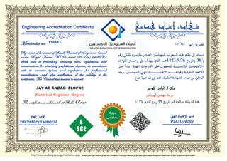 JAY AR ANDAG ELOPRE
Electrical Engineer Degree
This certification is valid until: 29 Rabi II 1437
150651
 