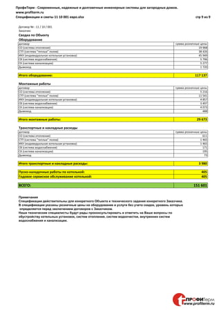 ПрофиТерм - Современные, надежные и долговечные инженерные системы для загородных домов.
www.profiterm.ru
Спецификации и сметы 11 10 001 евро.xlsx стр 9 из 9
Договор № : 11 / 10 / 001
Заказчик:
Сводка по Объекту
Оборудование
договор
СО (система отопления) 19 968
СТП (система "теплых" полов) 38 426
ИКУ (индивидуальная котельная установка) 45 949
СВ (система водоснабжения) 5 796
СК (система канализации) 5 277
Дымоход 1 720
Итого оборудование:
Монтажные работы
договор
СО (система отопления) 5 216
СТП (система "теплых" полов) 11 541
ИКУ (индивидуальная котельная установка) 4 857
СВ (система водоснабжения) 3 497
СК (система канализации) 4 073
Дымоход 488
Итого монтажные работы:
Транспортные и накладные расходы
договор
СО (система отопления) 611
СТП (система "теплых" полов) 1 465
ИКУ (индивидуальная котельная установка) 1 465
СВ (система водоснабжения) 171
СК (система канализации) 195
Дымоход 73
Итого транспортные и накладные расходы:
Пуско-наладочные работы по котельной:
Годовое сервисное обслуживание котельной:
ВСЕГО:
Примечания
Спецификации действительны для конкретного Объекта и технического задания конкретного Заказчика.
В спецификации указаны розничные цены на оборудование и услуги без учета скидок, уровень которых
определяется перед заключением договоров с Заказчиком.
Наши технические специалисты будут рады проконсультировать и ответить на Ваши вопросы по
обустройству котельных установок, систем отопления, систем водоочистки, внутренних систем
водоснабжения и канализации.
сумма розничные цены
сумма розничные цены
сумма розничные цены
117 137
29 673
3 980
405
405
151 601
 