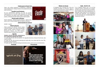 Matão em missão
O trabalho com crianças foi o foco da
missão do Matão na semana, seja no
Centro Social do bairro, seja na EBF da
I. M. em Sta. Bárbara D’Oeste.
Culto - 28/07/19
O pr. Vladimir Rossi, da I. M. de Vila
Joaquim Inácio, Campinas, foi o prega-
dor da noite, que teve o envio do Minis-
tério Infantil que está trabalhando em
Ribeirão Preto neste fim de semana e
oração pela Deborah, nova assessora
de comunicação da Confederação Me-
todista de Juvenis.
Celebração da Santa Ceia
Hoje, nos cultos matutino e vespertino, celebrare-
mos a Santa Ceia. Esteja orando e se preparando para
este momento.
Concílio Local Ordinário
No dia 18/08/2019, domingo, às 10h da manhã,
realizaremos um Concílio Local Ordinário no Templo.
Os membros da igreja local estão convocados. Na
pauta, a eleição da Lista Tríplice para o Episcopado.
Oração pelos enfermos
Nadir, Valdelice, Gerson (pai do Cleiton), Ademir Mar
ques, Lenir e Pedro (bebê, filho de Valéria e Renan).
Aniversariante da semana
04/08 - Julietti
Culto de Oração
Toda quinta, às 19h30, ocorre nosso
Culto de Oração. Tem sido uma bênção!
Nesta quinta, esteve conosco o prof.
Benjamin Reyes, da TMS Global,
falando sobre missões (foto ao lado).
Agenda
Desde o dia 07 de julho, passamos a
ter a seguinte agenda de cultos:
1º culto, das 9h às 10h da manhã: Em seguida teremos a Escola Dominical, das
10h às 10h45.
2º culto, às 19h: No primeiro domingo de cada mês, nos cultos das 9h e das 19h,
haverá a Ceia do Senhor.
3º culto, às 19h: Culto da Criança (somente à noite, como ocorre normalmente).
Versículo Pensamento
 