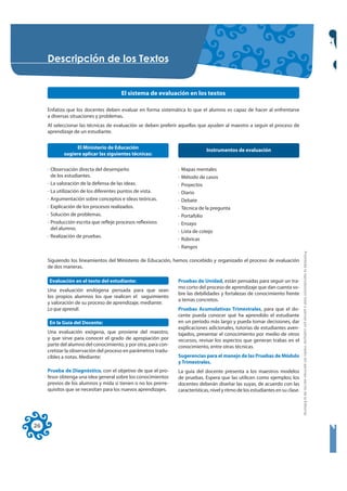 'HVFULSFLyQ GH ORV 7H[WRV


                                        El sistema de evaluación en los textos

     Enfatiza que los docentes deben evaluar en forma sistemática lo que el alumno es capaz de hacer al enfrentarse
     a diversas situaciones y problemas.
     Al seleccionar las técnicas de evaluación se deben preferir aquellas que ayuden al maestro a seguir el proceso de
     aprendizaje de un estudiante.


                  El Ministerio de Educación                                   Instrumentos de evaluación
            sugiere aplicar las siguientes técnicas:

     · Observación directa del desempeño                        ·   Mapas mentales
       de los estudiantes.                                      ·   Método de casos
     · La valoración de la defensa de las ideas.                ·   Proyectos
     · La utilización de los diferentes puntos de vista.        ·   Diario
     · Argumentación sobre conceptos e ideas teóricas.          ·   Debate
     · Explicación de los procesos realizados.                  ·   Técnica de la pregunta
     · Solución de problemas.                                   ·   Portafolio
     · Producción escrita que refleje procesos reflexivos       ·   Ensayo
       del alumno.
                                                                ·   Lista de cotejo
     · Realización de pruebas.
                                                                ·   Rúbricas
                                                                ·   Rangos




                                                                                                                                 Prohibida la reproducción total o parcial por cualquier medio sin permiso escrito de la Editorial.
     Siguiendo los lineamientos del Ministerio de Educación, hemos concebido y organizado el proceso de evaluación
     de dos maneras.

      Evaluación en el texto del estudiante:                    Pruebas de Unidad, están pensadas para seguir un tra-
                                                                mo corto del proceso de aprendizaje que dan cuenta so-
     Una evaluación endógena pensada para que sean
                                                                bre las debilidades y fortalezas de conocimiento frente
     los propios alumnos los que realicen el seguimiento
                                                                a temas concretos.
     y valoración de su proceso de aprendizaje, mediante:
     Lo que aprendí.                                            Pruebas Acumulativas Trimestrales, para que el do-
                                                                cente pueda conocer qué ha aprendido el estudiante
      En la Guía del Docente:                                   en un período más largo y pueda tomar decisiones, dar
                                                                explicaciones adicionales, tutorías de estudiantes aven-
     Una evaluación exógena, que proviene del maestro,          tajados, presentar el conocimiento por medio de otros
     y que sirve para conocer el grado de apropiación por       recursos, revisar los aspectos que generan trabas en el
     parte del alumno del conocimiento, y por otra, para con-   conocimiento, entre otras técnicas.
     cretizar la observación del proceso en parámetros tradu-
     cibles a notas. Mediante:                                  Sugerencias para el manejo de las Pruebas de Módulo
                                                                y Trimestrales.
     Prueba de Diagnóstico, con el objetivo de que el pro-      La guía del docente presenta a los maestros modelos
     fesor obtenga una idea general sobre los conocimientos     de pruebas. Espera que las utilicen como ejemplos; los
     previos de los alumnos y mida si tienen o no los prerre-   docentes deberán diseñar las suyas, de acuerdo con las
     quisitos que se necesitan para los nuevos aprendizajes.    características, nivel y ritmo de los estudiantes en su clase.




26
 