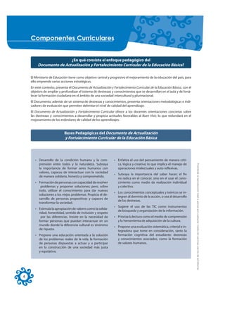 &RPSRQHQWHV &XUULFXODUHV


                         ¿En qué consiste el enfoque pedagógico del
         Documento de Actualización y Fortalecimiento Curricular de la Educación Básica?

    El Ministerio de Educación tiene como objetivo central y progresivo el mejoramiento de la educación del país, para
    ello emprende varias acciones estratégicas.
    En este contexto, presenta el Documento de Actualización y Fortalecimiento Curricular de la Educación Básica, con el
    objetivo de ampliar y profundizar el sistema de destrezas y conocimientos que se desarrollan en el aula y de forta-
    lecer la formación ciudadana en el ámbito de una sociedad intercultural y plurinacional.
    El Documento, además de un sistema de destrezas y conocimientos, presenta orientaciones metodológicas e indi-
    cadores de evaluación que permiten delimitar el nivel de calidad del aprendizaje.
    El Documento de Actualización y Fortalecimiento Curricular ofrece a los docentes orientaciones concretas sobre
    las destrezas y conocimientos a desarrollar y propicia actitudes favorables al Buen Vivir, lo que redundará en el
    mejoramiento de los estándares de calidad de los aprendizajes.


                            Bases Pedagógicas del Documento de Actualización
                            y Fortalecimiento Curricular de la Educación Básica




       • Desarrollo de la condición humana y la com-            • Enfatiza el uso del pensamiento de manera críti-
         prensión entre todos y la naturaleza. Subraya            ca, lógica y creativa; lo que implica el manejo de




                                                                                                                           Prohibida la reproducción total o parcial por cualquier medio sin permiso escrito de la Editorial.
         la importancia de formar seres humanos con               operaciones intelectuales y auto reflexivas.
         valores, capaces de interactuar con la sociedad
                                                                • Subraya la importancia del saber hacer; el fin
         de manera solidaria, honesta y comprometida.
                                                                  no radica en el conocer, sino en el usar el cono-
       • Formación de personas con capacidad de resolver          cimiento como medio de realización individual
          problemas y proponer soluciones; pero, sobre            y colectiva.
         todo, utilizar el conocimiento para dar nuevas
                                                                • Los conocimientos conceptuales y teóricos se in-
         soluciones a los viejos problemas. Propicia el de-
                                                                  tegran al dominio de la acción, o sea al desarrollo
         sarrollo de personas propositivas y capaces de
                                                                  de las destrezas.
         transformar la sociedad.
                                                                • Sugiere el uso de las TIC como instrumentos
       • Estimula la apropiación de valores como la solida-
                                                                  de búsqueda y organización de la información.
         ridad, honestidad, sentido de inclusión y respeto
          por las diferencias. Insiste en la necesidad de       • Prioriza la lectura como el medio de comprensión
         formar personas que puedan interactuar en un             y la herramienta de adquisición de la cultura.
         mundo donde la diferencia cultural es sinónimo
                                                                • Propone una evaluación sistemática, criterial e in-
         de riqueza.
                                                                  tegradora que tome en consideración, tanto la
       • Propone una educación orientada a la solución            formación cognitiva del estudiante: destrezas
         de los problemas reales de la vida, la formación         y conocimientos asociados, como la formación
         de personas dispuestas a actuar y a participar           de valores humanos.
         en la construcción de una sociedad más justa
         y equitativa.




4
 