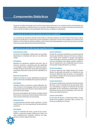 RPSRQHQWHV 'LGiFWLFRV

     Ya que se considera al lenguaje como una herramienta para interactuar en un contexto real, los conocimientos aso-
     ciados de pragmática se orientan hacia el uso práctico del lenguaje; por eso se incluyen en las lecciones de lectura,
     como sustento al análisis de las propiedades del texto que se trabaja en cada bloque.


      El tratamiento de los contenidos asociados de semántica (vocabulario)

     Los contenidos de semántica atienden al desarrollo, no sólo del vocabulario sino del nivel de comprensión e identi-
     ficación de significados. Es importante que los estudiantes se relacionen con las nuevas palabras en contextos signi-
     ficativos y no con listas de términos aislados y, por lo tanto, descontextualizados; es por esta razón que se incluyen
     como una sección dentro de las lecciones de lectura.


      Sugerencias para desarrollar destrezas específicas de lectura

     Interpretación crítica                                         Lectura silenciosa
     Activación de habilidades intelectuales que permitan           Se trata de una lectura individual y se la aplica general-
     desentrañar el contenido del texto en sus diferentes           mente para identificar tiempos de lectura y compren-
     niveles.                                                       sión. Puede servir también en grupos homogéneos
                                                                    o para diversificar el proceso de lectura. En cualquier
     Actividades                                                    caso, los estudiantes más rápidos pueden realizar ta-
     Identificar los elementos explícitos del texto. Usar el        reas de comprensión más complicadas que los otros y
     contexto, sinonimia y antonimia para dar significado           se les puede otorgar alicientes a su esmero.
     a una palabra nueva. Establecer las relaciones prono-
     minales del texto. Discriminar entre ideas principales y       Lectura fonológica
     secundarias Reconocer el tipo de texto e identificar sus       La lectura adecuada del código fonético de nuestro




                                                                                                                                 Prohibida la reproducción total o parcial por cualquier medio sin permiso escrito de la Editorial.
     partes.                                                        idioma, la adecuada entonación y la claridad con que
                                                                    se leen los diferentes tipos de textos, son indicadores
     Expresión propositiva                                          que debemos regular, Así como las pausas, la fluidez, el
     Implica la creación de nuevos significados por parte del       ritmo y la expresividad.
     lector, en forma de actividades de respuesta a la lectura.
                                                                    Lectura denotativa
     Actividades                                                    Es necesario implementar el reconocimientos de partes
     Trasladar el texto a una época y cultura diferentes. Re-       del texto, como: la identificación de personajes, obje-
     crear el texto en otro lenguaje. Recrear el texto desde        tos, características y lugares; la distinción de acciones
     la perspectiva personal. Recrear el texto desde la pers-       principales de las meramente ornamentales; el esta-
     pectiva de los personajes.                                     blecimiento de secuencias temporales, entre otros ele-
                                                                    mentos de análisis de lectura.
     Buscar los antecedentes de la historia. Cambiar el final
     de la historia. Continuar la historia desde el final. Entre-   Lectura connotativa
     vistar al autor. Entrevistar a los personajes.
                                                                    En este tipo de lectura, es importante inferir: el signi-
                                                                    ficado de las palabras, oraciones, ideas, motivos o el
     Argumentación
                                                                    tema que se plantea en un texto.
     La argumentación permite emitir opiniones y juicios
     sobre el texto, con la correspondiente fundamentación
     y sustento.

     Actividades
     Juzgar el contenido del texto a partir de los conoci-
     mientos y opiniones propias. Relacionar el texto con
     otras manifestaciones culturales. Sostener con argu-
     mentos el criterio respecto del texto.

44
 