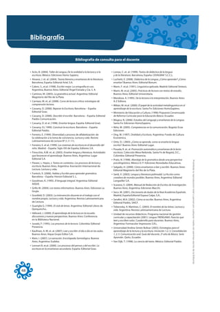 %LEOLRJUDItD


                                                   Bibliografía de consulta para el docente


     ‡ Actis, B. (2004). Taller de Lengua, De la oralidad a la lectura y a la       ‡ Lomas, C. et. al. (1999). Textos de didáctica de la lengua
       escritura. México: Ediciones Homo Sapiens.                                     y de la literatura. Barcelona, España: CEVAGRAF S.C.C.L.
     ‡ Alvarez, J. et. al. (2004). Teoría literaria y enseñanza de la literatura.   ‡ Luchetti, E. (2008). Didáctica de la Lengua, ¿Cómo aprender? ¿Cómo
       Barcelona, España: Editorial Ariel, S.A.                                       enseñar? Buenos Aires: Editorial Bonum.
     ‡ Calero. S., et.al. (1998). Escribir mejor. La ortografía en uso.             ‡ Marín, F. et.al. (1991). Linguística aplicada. Madrid: Editorial Síntesis.
       Argentina, Buenos Aires: Editorial Ángel Estrada y Cía. S. A.                ‡ Marín, M. et.al, (2005). Prácticas de lectura con textos de estudio,
     ‡ Caminos, M. (2003). La gramática actual. Argentina: Editorial                  Buenos Aires: Editorial Universitaria.
       Magisterio del Río de la Plata.                                              ‡ Mendoza, A. (1995). De la lectura a la interpretación, Buenos Aires:
     ‡ Carriazo, M. et. al. (2008). Curso de lectura crítica: estrategias de          A-Z Editora.
       comprensión lectora.                                                         ‡ Milian, M. et.al. (2000). El papel de la actividad metalinguística en el
     ‡ Cassany, D. (2000). Reparar la Escritura, Barcelona – España:                  aprendizaje de la escritura. Santa Fe: Ediciones HomoSapiens.
       Editorial Grao.                                                              ‡ Ministerio de Educación y Cultura. (1996) Propuesta Consensuada
     ‡ Cassany, D. (2000). Describir el escribir. Barcelona – España: Editorial       de Reforma Curricular para la Educación Básica. Ecuador.
       Paidós Comunicación.                                                         ‡ Múgica, N. (2006). Estudios del Lenguaje y enseñanza de la Lengua.
     ‡ Cassany, D. et al. (1998). Enseñar lengua. España: Editorial Graó.             Santa Fe: Ediciones HomoSapiens.
     ‡ Cassany, D.( 1999). Construir la escritura. Barcelona – España:              ‡ Niño, M. (2005). Competencias en la comunicación. Bogotá: Ecoe
       Editorial Paidós.                                                              Ediciones
     ‡ Ferreiro, E. (1994). Diversidad y proceso de alfabetización: de              ‡ Ong, W. (1997). Oralidad y Escritura. Argentina: Fondo de Cultura
       la celebración a la toma de conciencia. Lectura y vida. Revista                Económica.
       Latinoamericana de Lectura Nº 3. (1-11).                                     ‡ Ortiz, D. ( 2003). ¿Cómo se aprende, como se enseña la lengua
     ‡ Ferreiro, E. et al. (1999). Los sistemas de escritura en el desarrollo del     escrita?. Buenos Aires: Editorial Lugar.
       niño. Madrid – España: Siglo XXI de España, Editores S.A.                    ‡ Posada, R. et. al. Promoción automática y enseñanza de la lecto-
     ‡ Finocchio, A.M. et. al. (2003). Enseñar lengua y literatura. Actividades       escritura. Colección Mesa Redonda. Santa Fe de Bogotá, D.C.,
       que favorecen el aprendizaje. Buenos Aires, Argentina: Lugar                   Colombia: Editorial Presencia.
       Editorial S.A.                                                               ‡ Prato, N. (1998). Abordaje de la gramática desde una perspectiva




                                                                                                                                                                   Prohibida la reproducción total o parcial por cualquier medio sin permiso escrito de la Editorial.
     ‡ Flower, L. Hayes, J. Textos en contextos. Los procesos de lectura y            psicolingüística. México D. F: Ediciones Novedades Educativas.
       escritura. Buenos Aires, Argentina: Asociación Internacional de              ‡ Salgado, H. (2000). Cómo enseñamos a leer y escribir. Buenos Aires:
       Lectura. Lectura y vida.                                                       Editorial Magisterio del Río de la Plata.
     ‡ Fontich, X. (2006). Hablar y Escribir para aprender gramática.               ‡ Sardi, V. (2003). Lengua y literatura polimodal. La ficción como
       Barcelona – España: Horsori Editorial S. L.                                    creadora de mundos posibles. Buenos Aires, Argentina: Editorial
     ‡ Goodman, K. (1995). El lenguaje integral. Argentina: Editorial                 Longseller S.A.
       AIQUE.                                                                       ‡ Scarano, E. (2004). Manual de Redacción de Escritos de Investigación.
     ‡ Grillo M. (2004). Los textos informativos. Buenos Aires. Ediciones La          Buenos Aires, Argentina: Ediciones Macchi.
       Grujía.                                                                      ‡ Seco. M. (2001). Diccionario de dudas de la Real Academia Española.
     ‡ Grunfeld, D. (2003). La intervención docente en el trabajo con el              Madrid, España:Editorial Espasa Calpe, S.A..
       nombre propio. Lectura y vida. Argentina: Revista Latinoamericana            ‡ Serafini, M.A. (2002). Cómo se escribe. Buenos Aires, Argentina:
       de Lectura.                                                                    Editorial Paidós, SAICF.
     ‡ Guariglia G. (1994). El club de letras. Argentina: Editorial Libros de       ‡ Teberosky, A. Martínez, C. (2003). El nombre de las letras. Lectura y
       Quirquincho..                                                                  vida. Argentina: Revista Latinoamericana de Lectura.
     ‡ Hébrard, J. (2000). El aprendizaje de la lectura en la escuela:              ‡ Unidad de recursos didácticos. Programa nacional de gestión
       discusiones y nuevas perspectivas. Buenos Aires: Conferencia                   curricular y capacitación (2001). Lengua TRENGANIA. Para los que
       en la Biblioteca Nacional.                                                     leen y escriben solos. Cuadernillo para docentes. Buenos Aires,
     ‡ Jurado, F. (1995). Los procesos de la lectura. Colombia: Editorial             Argentina: Formacolor Impresores S.R.L.
       Presencia.                                                                   ‡ Universidad Andina Simón Bolívar (2003). Estrategias para el
     ‡ Kaufman, A. M. et. al. (2007). Leer y escribir: el día a día en las aulas.     aprendizaje de la lectura y la escritura. Iniciación 1,2, 3, Consolidación
       Buenos Aires: Aique Grupo Editor S.A.                                          1, 2, 3. Comunicación oral. Guía del docente. 2º año de Básica. Serie
     ‡ Klein, I. (2007). La narración. Enciclopedia Semiológica. Buenos               Aprender. Quito, Ecuador.
       Aires, Argentina: Eudeba.                                                    ‡ Van Dijk, T. (1998). La ciencia del texto. México: Editorial Paidós.
     ‡ Lennart B. et.al. (2000). Los procesos del pensar y del escribir. La
       escritura en la enseñanza secundaria. España: Editorial Grao.




48
 