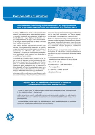 &RPSRQHQWHV &XUULFXODUHV


           Los fundamentos, contenidos y orientaciones del área de Lengua y Literatura
          según el Documento de Actualización y Fortalecimiento de la Educación Básica


    El enfoque del Ministerio de Educación para esta área         sino como el conjunto de destrezas y procedimientos
    hace una clara diferenciación entre Lengua y Literatu-        que se usan como herramienta para solicitar, agrade-
    ra como dos espacios de aprendizaje que cumplen una           cer, persuadir, expresar y ofrecer una opinión, etc.
    función diferente y cuyos objetivos son distintos, aun-
                                                                  Tanto para el estudio de la Lengua como para el de la Lite-
    que complementarios: la Lengua como una herramien-
                                                                  ratura, se parte de la tipología de textos, puntos de arran-
    ta de comunicación e interacción social y la Literatura
                                                                  que para el desarrollo de las cuatro macro-destrezas:
    como una fuente de disfrute.
                                                                  hablar, escuchar, leer y escribir, y de otras micro-destrezas
    Estos campos del saber requieren de un análisis, una          que involucran procesos progresivos, sistemáticos
    reflexión y una metodología diferentes: se aprende            y recursivos.
    Lengua para usarla y comunicarse, para estructurar el
                                                                  En este enfoque, se da atención a las necesidades co-
    pensamiento, para reflexionar sobre sí misma y para
                                                                  municativas de cada alumno. Cada lección trata de un
    comprender y producir eficazmente mensajes lingüís-
                                                                  tipo distinto de texto. Los textos que se trabajan en este
    ticos; se interactúa con la Literatura para desarrollar la
                                                                  año son:
    sensibilidad y el gusto estético.
                                                                  • Descripción cientíﬁca, encuesta, notas de
    El contenido de la clase de Lengua son los “actos de ha-
                                                                    enciclopedia, notas (apuntes).El cuento popular
    bla”, los usos de la lengua como se produce en la reali-
    dad; por eso se usan materiales reales y verosímiles, con     • El cuento de todo tipo.
    todas sus variaciones. Por esta misma razón no es acep-
                                                                  • El relato histórico y citas bibliográﬁcas.
    table utilizar textos literarios con otro fin que no sea el
    del análisis y la reflexión literarias. La Literatura tiene   • Poemas populares.
    por objeto que el estudiante disfrute y comprenda tex-        • La anécdota y el diario personal.




                                                                                                                                  Prohibida la reproducción total o parcial por cualquier medio sin permiso escrito de la Editorial.
    tos y que potencie su sensibilidad y gusto estético.
                                                                  • Descripción literaria.
    La Lengua no debe considerarse como un bloque cerrado
    de conocimientos que el alumno tiene que memorizar,




                     Objetivos macro del área según el Documento de Actualización
                           y Fortalecimiento Curricular de la Educación Básica


          1. Utilizar la Lengua como un medio de participación democrática para rescatar, valorar y respetar
           la diversidad intercultural y plurinacional.

          2. Saber comunicarse desde la producción y comprensión de textos de todo tipo y en toda situación
           comunicativa, para usar y valorar el lenguaje como una herramienta de intercambio social y de ex-
           presión personal.

          3. Disfrutar, desde la función estética del lenguaje, variados textos literarios y expresar sus emociones
           mediante el uso adecuado de los distintos recursos literarios.




6
 