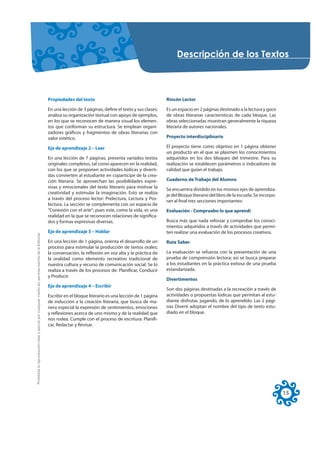 'HVFULSFLyQ GH ORV 7H[WRV



                                                                                                     Propiedades del texto                                        Rincón Lector

                                                                                                     En una lección de 3 páginas, define el texto y sus clases;   Es un espacio en 2 páginas destinado a la lectura y goce
                                                                                                     analiza su organización textual con apoyo de ejemplos,       de obras literarias características de cada bloque. Las
                                                                                                     en los que se reconocen de manera visual los elemen-         obras seleccionadas muestran generalmente la riqueza
                                                                                                     tos que conforman su estructura. Se emplean organi-          literaria de autores nacionales.
                                                                                                     zadores gráficos y fragmentos de obras literarias con
                                                                                                     valor estético.                                              Proyecto interdisciplinario

                                                                                                     Eje de aprendizaje 2 – Leer                                  El proyecto tiene como objetivo en 1 página obtener
                                                                                                                                                                  un producto en el que se plasmen los conocimientos
                                                                                                     En una lección de 7 páginas, presenta variados textos        adquiridos en los dos bloques del trimestre. Para su
                                                                                                     originales completos, tal como aparecen en la realidad,      realización se establecen parámetros o indicadores de
                                                                                                     con los que se proponen actividades lúdicas y diverti-       calidad que guían el trabajo.
                                                                                                     das convierten al estudiante en copartícipe de la crea-
                                                                                                     ción literaria. Se aprovechan las posibilidades expre-       Cuaderno de Trabajo del Alumno
                                                                                                     sivas y emocionales del texto literario para motivar la
                                                                                                                                                                  Se encuentra dividido en los mismos ejes de aprendiza-
                                                                                                     creatividad y estimular la imaginación. Esto se realiza
                                                                                                                                                                  je del Bloque literario del libro de la escuela. Se incorpo-
                                                                                                     a través del proceso lector: Prelectura, Lectura y Pos-
                                                                                                                                                                  ran al final tres secciones importantes:
                                                                                                     lectura. La sección se complementa con un espacio de
                                                                                                     “Conexión con el arte”; pues este, como la vida, es una      Evaluación - Compruebo lo que aprendí
                                                                                                     realidad en la que se reconocen relaciones de significa-
                                                                                                     dos y formas expresivas diversas.                            Busca más que nada reforzar y comprobar los conoci-
                                                                                                                                                                  mientos adquiridos a través de actividades que permi-
                                                                                                     Eje de aprendizaje 3 – Hablar                                ten realizar una evaluación de los procesos creativos.
Prohibida la reproducción total o parcial por cualquier medio sin permiso escrito de la Editorial.




                                                                                                     En una lección de 1 página, orienta el desarrollo de un      Ruta Saber
                                                                                                     proceso para estimular la producción de textos orales;
                                                                                                     la conversación, la reflexión en voz alta y la práctica de   La evaluación se refuerza con la presentación de una
                                                                                                     la oralidad como elemento recreativo tradicional de          prueba de comprensión lectora; así se busca preparar
                                                                                                     nuestra cultura y recurso de comunicación social. Se lo      a los estudiantes en la práctica exitosa de una prueba
                                                                                                     realiza a través de los procesos de: Planificar, Conducir    estandarizada.
                                                                                                     y Producir.
                                                                                                                                                                  Divertimentos
                                                                                                     Eje de aprendizaje 4 – Escribir
                                                                                                                                                                  Son dos páginas destinadas a la recreación a través de
                                                                                                     Escribir en el bloque literario es una lección de 1 página   actividades o propuestas lúdicas que permitan al estu-
                                                                                                     de inducción a la creación literaria, que busca de ma-       diante disfrutar, jugando, de lo aprendido. Las 2 pági-
                                                                                                     nera especial la expresión de sentimientos, emociones        nas Diverti adoptan el nombre del tipo de texto estu-
                                                                                                     y reflexiones acerca de uno mismo y de la realidad que       diado en el bloque.
                                                                                                     nos rodea. Cumple con el proceso de escritura: Planifi-
                                                                                                     car, Redactar y Revisar.




                                                                                                                                                                                                                                 15
 