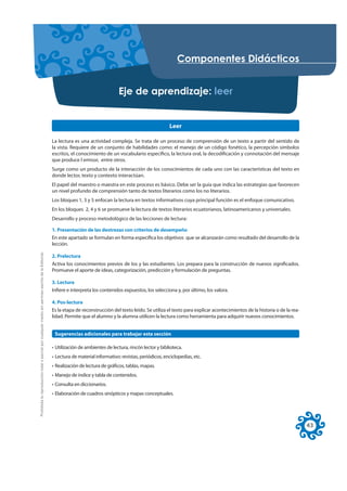 RPSRQHQWHV 'LGiFWLFRV


                                                                                                                                       (MH GH DSUHQGL]DMH OHHU


                                                                                                                                                                Leer

                                                                                                     La lectura es una actividad compleja. Se trata de un proceso de comprensión de un texto a partir del sentido de
                                                                                                     la vista. Requiere de un conjunto de habilidades como: el manejo de un código fonético, la percepción símbolos
                                                                                                     escritos, el conocimiento de un vocabulario específico, la lectura oral, la decodificación y connotación del mensaje
                                                                                                     que produce l emisor, entre otros.
                                                                                                     Surge como un producto de la interacción de los conocimientos de cada uno con las características del texto en
                                                                                                     donde lector, texto y contexto interactúan.
                                                                                                     El papel del maestro o maestra en este proceso es básico. Debe ser la guía que indica las estrategias que favorecen
                                                                                                     un nivel profundo de comprensión tanto de textos literarios como los no literarios.
                                                                                                     Los bloques 1, 3 y 5 enfocan la lectura en textos informativos cuya principal función es el enfoque comunicativo.
                                                                                                     En los bloques 2, 4 y 6 se promueve la lectura de textos literarios ecuatorianos, latinoamericanos y universales.
                                                                                                     Desarrollo y proceso metodológico de las lecciones de lectura:

                                                                                                     1. Presentación de las destrezas con criterios de desempeño
                                                                                                     En este apartado se formulan en forma específica los objetivos que se alcanzarán como resultado del desarrollo de la
                                                                                                     lección.
Prohibida la reproducción total o parcial por cualquier medio sin permiso escrito de la Editorial.




                                                                                                     2. Prelectura
                                                                                                     Activa los conocimientos previos de los y las estudiantes. Los prepara para la construcción de nuevos significados.
                                                                                                     Promueve el aporte de ideas, categorización, predicción y formulación de preguntas.

                                                                                                     3. Lectura
                                                                                                     Infiere e interpreta los contenidos expuestos, los selecciona y, por último, los valora.

                                                                                                     4. Pos-lectura
                                                                                                     Es la etapa de reconstrucción del texto leído. Se utiliza el texto para explicar acontecimientos de la historia o de la rea-
                                                                                                     lidad. Permite que el alumno y la alumna utilicen la lectura como herramienta para adquirir nuevos conocimientos.


                                                                                                      Sugerencias adicionales para trabajar esta sección

                                                                                                     • Utilización de ambientes de lectura, rincón lector y biblioteca.
                                                                                                     • Lectura de material informativo: revistas, periódicos, enciclopedias, etc.
                                                                                                     • Realización de lectura de gráficos, tablas, mapas.
                                                                                                     • Manejo de índice y tabla de contenidos.
                                                                                                     • Consulta en diccionarios.
                                                                                                     • Elaboración de cuadros sinópticos y mapas conceptuales.




                                                                                                                                                                                                                                    43
 